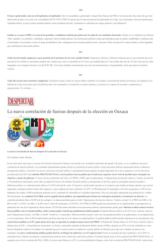 ♦♦♦
El nuevo gobernador, aún no está legalizado, ni legitimado. Sólo el excandidato a gobernador, Joaquín Ruiz Salazar del PRS lo ha reconocido. Hay rumor de que José
Murat trata de jalar a su corral a los excandidatos del PT, PUP y PSD. No quiere que la toma de protesta de gobernador de su hijo, sea cuestionada, sería una mancha para
Alejandro Murat, ya que lo quiere postular después como presidente del país. Aceptarán ser seducidos por cargos políticos o por billetazos?
♦♦♦
Gabino se va, pero el PRD y el resto de los partidos y candidatos tendrán que pelear por la caída de sus resultados electorales. Gabino se va a disfrutar sus millones
“bien” ganados. Los partidos y candidatos, negocian o dan la batalla judicial. Las instituciones políticas tienen que defenderse para no perder credibilidad y confianza ante
el electorado y la sociedad o corren el riesgo de debilitarse más y desaparecer del escenario político local y nacional. Debe ser parte de la cultura política y de la legalidad
que contribuyen al desarrollo político.
♦♦♦
Todos los derrotados empiezan a sacar pruebas de la mecánica de un real y posible fraude. Empezaron, Morena y Salomón señalaron que es una constante que en la
mayoría de las casillas se encuentran siempre más votantes que votos, un promedio de 25 votos, que multiplicado por 5 mil casillas dan más de 125 mil votos que no están
integrados en el cómputo electoral. Los del PUP, MC y Creo han señalado concretamente una serie de inconsistencias e irregularidades, dicen que hasta los muertos
votaron.
♦♦♦
Todo ello avizora una transición complicada. El gobierno actual y todos los actores deben contribuir a la unidad y reconciliación política de Oaxaca, sin claudicar en la
defensa de lo que creen justo, pero sin polarizar más a los oaxaqueños. La transición se espera candente y convulsa va a requerir de acuerdos, compromisos y
negociaciones. Ya veremos…….
La nueva correlación de fuerzas después de la elección en Oaxaca
10 JUNIO, 2016 DESPERTAROAX
La nueva correlación de fuerzas después de la elección en Oaxaca
Por Emiliano López Morales
En las elecciones más sucias y oscuras de la historia electoral de Oaxaca y de acuerdo a los resultados electorales del pasado 5 de junio, se va a establecer una nueva
correlación de fuerzas políticas. Los resultados judicializados pueden afectar la correlación de poder político. Estas posiciones políticas representan fuerza e influencia
presupuestal, política y electoral. Las nuevas posiciones de poder político y presupuestal locales jugarán un papel importante en el nuevo gobierno y en las elecciones
presidenciales del 2018. La coalición PRI-PVEM-PANAL, será la primera fuerza política pero tendrá que negociar con el resto de partidos para conseguir sus
objetivos y metas de gobierno. A reserva de las resoluciones del Teeo y el TRIFE, el PRI ganó la gubernatura, 15 diputaciones de mayoría relativa y 5 pluris, en total 20
y 54 presidencias municipales, entre ellas, la capital de Oaxaca. En términos de poder político y presupuestal, le fue bien, ganó los principales factores de poder e
influencia política. La coalición priista obtuvo el 32.03% del total de votos. El ejecutivo estatal tendrá mayoría en el congreso, pero tendrá un bloque opositor, que será un
importante contrapeso político dentro del congreso y como vigilante del nuevo gobierno. En 2017, el PRI gobernará 54 municipios a 818 mil oaxaqueños, el 20% de los
habitantes del estado; el PRI actualmente gobierna en 63, controlará 54, retrocedió en 9 alcaldías importantes. Hoy sus concejales administran una población de 1 millón
90 mil personas. La coalición PAN-PRD, será la segunda fuerza política, con capacidad para formar un contrapeso al priismo y reconstruir sus fuerzas. La
coalición perredista obtuvo 24.96% de los sufragios. La alianza perredista ganó en total 7 diputaciones de mayoría relativa y 5 pluris, en total 12, el PRD 4 de MR y 3 de
RP en total 7; el PAN 3 de MR y 2 de RP, total 5. Ganó 46 municipios, 16 el PAN y 30 el PRD. El PRD quedó muy disminuido en su capital político y presupuestal. La
dispersión del voto de la izquierda lo afectó mucho. El PAN fue menos afectado en sus posiciones políticas, prácticamente quedo igual. Morena se ubicó como la tercera
fuerza política, una revelación política, obtuvo menos poder real del que posiblemente habría ganado. El partido Morena obtuvo el 22.81% de la votación. Ganó en
total 8 diputaciones locales, 3 de MR y 5 de RP. Triunfó en 11 municipios. Morena arrebató muchos votos a los tres grandes partidos en la gubernatura, en las diputaciones
y en los municipios. Para el 2018 tendrá mucho que hacer para que no se le reduzca su capital político, la opinión pública tendrá muchas expectativas en sus gobiernos. La
cuarta fuerza política es el PT, ganó menos de lo que se esperaba, lo castigó la mano oscura del PREP. El Partido del Trabajo obtuvo el 10.93 de la votación. Ganó 2
diputaciones de R.P. y 14 presidencias municipales. La fuerte y anticipada campaña de Benjamín Robles, desde el PRD y después en el PT, no le fue retribuida en votos.
Incluso Benjamín resaltó en los debates. Se esperaba que por lo menos estaría en empate de votación global con Morena, pero algo raro y dudoso les pasó en sus
resultados. La nueva conformación política podría derivar en bloques de gobierno y en el Congreso local. Frente al escenario del nuevo gobierno y en el 2018, la
contienda local y federal, las alianzas y negociaciones políticas serán vitales para cada fuerza política. El primer bloque sería el de la coalición del PRI-PVEM-PANAL, el
segundo sería el de la coalición del PAN y PRD, el tercero entre Morena y el PT. La otra posibilidad de bloques, sería el de la coalición PRI-PVEM-PANAL contra todos
 
