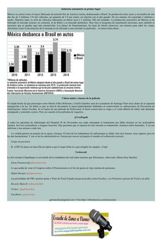 Industria automotriz en primer lugar
México se colocó como el mayor fabricante de automóviles de América Latina, desbancando a Brasil. Su producción entre enero y noviembre de este
año fue de 3 millones 176 mil vehículos, un aumento de 5.5 por ciento, en relación con el año pasado. De ese número, ha exportado 2 millones y
medio. Mientras tanto, la cifra de vehículos fabricados en Brasil cayó a 2 millones 300 mil unidades. La producción automotriz de México se ha
enfocado al mercado externo; en contraste, la de Brasil a su mercado doméstico. Muy bien el programa de exportación mexicano, pero también es
necesario que se queden aquí más automóviles. Los planes de financiamiento, las tasas de interés atractivas, son motores para subir las ventas.
Adviértase cómo la devaluación de la moneda no ha afectado a este mercado en particular... al menos hasta ahora.
Chicos malos y buenos de la película
El simple hecho de que personajes como Manlio Fabio Beltrones y Emilio Gamboa sean los acusadores de Santiago Nieto hace dudar de la supuesta
transgresión a la ley. Su delito es que se atrevió alevantarle la mano (judicialmente hablando) al controvertido ex subsecretario de Prevención de
Gobernación, Arturo Escobar. Si se tratara de una película de Hollywood, el fiscal conservaría su cargo y el verde debería de haber sido detenido,
consignado y sometido a juicio. Pero eso sucede en las películas de vaqueros...
@VoxPopuli
A todos los pacientes de radioterapia del Hospital 20 de Noviembre nos están retrasando el tratamiento por fallas técnicas en los aceleradores
lineales. Son tres aceleradores y ninguno funciona. Hay pacientes que ni siquiera les han iniciado su tratamiento. Estamos todos frustrados. Y no nos
informan y nos atrasan a cada rato.
La verdad quisiera un poquito de su apoyo, Enrique. El trato de los trabajadores de radioterapia es cálido. Son muy buenos, muy capaces, pero no
les dan herramientas. Y eso es de los administrativos. Gracias por mover un poquito el mundo en la dirección correcta.
Grupo de pacientes
R: ¡Ufff! El cáncer no hace fila de espera a que le toque ficha ni a que arreglen los equipos. ¡Urge!
Twitteratti
Lo del corredor Chapultepec es un triunfo de la ciudadanía del cual todos tenemos que felicitarnos, sobre todo Alberto Ruy Sánchez.
Elena Poniatowska@Eponiatowska
Lo que acaba de votar el Congreso sobre el Pensionissste es el tiro de gracia al viejo sistema de pensiones.
Rafael Barajas @fisgonmonero
Las prioridades del PRI: quieren quitar a Nieto de Fiscal Fepade porque procedió contra Escobar, y en #Guerrero quieren de Fiscal a un pillo.
Ricardo Mejia B. @RicardoMeb
Twitter: @galvanochoa
FaceBook: galvanochoa
galvanochoa@gmail.com • Foro:http://elforomexico.com/encuestas/
 