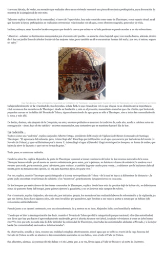 Hace una década, de hecho, un morador que realizaba obras en su vivienda encontró una pieza de cerámica prehispánica, cuya decoración da
muestra de la antigüedad de este mito.
Tal como explica el cronsita de la comunidad, el cerro de Tepeyolulco, hoy más conocido como cerro de Tlacotepec, es un espacio ritual, en el
que durante la época prehispánica se realizaban ceremonias relacionadas con el agua, como elemento sagrado, generador de vida.
Incluso, subraya, otras leyendas locales aseguran que desde la cueva que existe en su lado poniente se puede acceder a un río subterráneo.
“Al entrar –señalan los testimonios recuperados por el cronista del pueblo– se escucha cómo baja (el agua) con mucha fuerza, además, dentro
de él hay un jardín lleno de árboles frutales de las mejores rutas, pero también en él se encuentran fuerzas del mal y, por eso, si entras, seguro
no sales.”
Foto: Paris Martínez.Pieza prehispánica recuperada por pobladores de Tlacotepec, cuya decoración muestra el cerro de Tepeyolulco, con una pirámide en su interior.
Independientemente de la veracidad de estas leyendas, señala Érik, lo que éstas dejan ver es que el agua es un elemento cuya importancia
vital reconocen los moradores de Tlacotepec, desde su fundación y, aún en el presente, manantiales como los que cita el mito, que brotan de
pequeñas cuevas en las faldas del Nevado de Toluca, siguen abasteciendo de agua pura no sólo a Tlacotepec, sino a todas las comunidades de
la zona, y más allá.
De hecho, destaca, aún después de la Conquista, en este y en otros poblados se mantuvo la tradición de, cada año, acudir a celebrar actos de
consagración –ahora bajo el rito católico– en estos manantiales, una costumbre que se mantiene hasta el día de hoy.
La cadenita…
Todo es como una “cadenita”, explica Alejandro Alberto Ortega, presidente del Consejo de Vigilancia de Bienes Comunales de Santiago
Tlacotepec. “El agua nace del subsuelo, pero, ¿cómo llegó ahí? Pues llega por infiltración: es el agua que escurre por las laderas del monte (el
Nevado de Toluca), y que va filtrándose por la tierra. Y, ¿cómo llegó el agua al Nevado? Llegó atraída por los bosques, en forma de nubes, que
hacen la nieve de la punta o que cae en forma de gotas.”
Todo, pues, es como una cadenita.
Desde los años 80, explica Alejandro, la gente de Tlacotepec comenzó a tomar conciencia del valor de los recursos naturales de la zona.
“Siempre hemos sabido que el monte es nuestra subsistencia, pero antes, por la pobreza, no había otra forma de subsistir: la madera era el
recurso para todo, para construir, para calentarse, para cocinar, y también la gente cazaba para comer… y sabíamos que le hacíamos daño al
monte, pero no teníamos otra opción, no era para hacernos ricos, era para vivir.”
Por eso, explica, cuando Tlacotepec quedó integrado a la zona metropolitana de Toluca –de la cual se haya a 9 kilómetros de distancia–, la
gente pudo encontrar otras formas de subsistir, y los “monteros”, prácticamente desaparecieron en esta zona.
En los bosques que están dentro de las tierras comunales de Tlacotepec, explica, desde hace más de 30 años dejó de haber tala, se delimitaron
zonas de pastoreo fuera del bosque, para quienes ejercen la ganadería, y no se abrieron más campos de cultivo.
Por el contrario, explica Alejandro, año con año, por iniciativa propia, los moradores han realizado labores de reforestación y de vigilancia, ya
que sus tierras, hasta hace algunos años, aún eran invadidas por ganaderos, que llevaban a sus vacas a pastar a zonas que ya habían sido
restauradas ambientalmente.
Parado junto a un oyamel centenario, con una circunferencia de 5 metros en su base, Alejandro habla con humildad y embelezo.
“Desde que se hizo la recategorización (es decir, cuando el Nevado de Toluca perdió la categoría de parque nacional) ellos (las autoridades)
nos dicen que hay que hacer el aprovechamiento maderable, pero si ahorita tiramos este árbol, ¿cuándo volveríamos a tener un árbol como
éste? Yo creo que esto no nada más lo debe defender la comunidad de Tlacotepec, sino todas las comunidades aledañas al Nevado, y a la mejor
hasta (las comunidades) nacionales e internacionales”.
Su observación, sencilla y clara, resume una realidad compleja: efectivamente, con el agua que se infiltra a través de la capa boscosa del
Nevado de Toluca no sólo se abastece a las comunidades asentadas en sus faldas, sino a todo el Valle de Toluca.
Sus afluentes, además, las cuencas del río Balsas y el río Lerma que, a su vez, llevan agua al Valle de México y al norte de Guerrero.
 