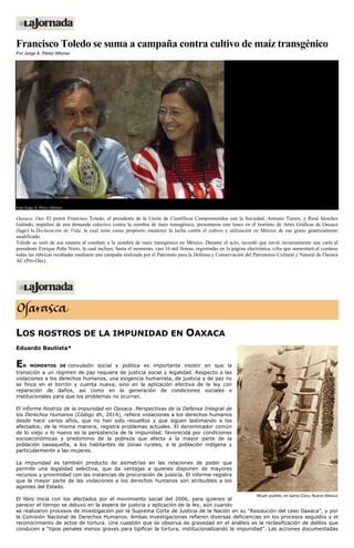 Francisco Toledo se suma a campaña contra cultivo de maíz transgénico
Por Jorge A. Pérez Alfonso
Foto Jorge A. Pérez Alfonso
Oaxaca, Oax. El pintor Francisco Toledo, el presidente de la Unión de Científicos Comprometidos con la Sociedad, Antonio Turren, y René Sánchez
Galindo, impulsor de una demanda colectiva contra la siembra de maíz transgénico, presentaron este lunes en el Instituto de Artes Gráficas de Oaxaca
(Iago) la Declaración de Vida, la cual tiene como propósito mantener la lucha contra el cultivo y utilización en México de ese grano genéticamente
modificado.
Toledo se unió de esa manera al combate a la siembra de maíz transgénico en México. Durante el acto, recordó que envió recientemente una carta al
presidente Enrique Peña Nieto, la cual incluye, hasta el momento, casi 16 mil firmas, registradas en la página electrónica, cifra que aumentará al contarse
todas las rúbricas recabadas mediante una campaña realizada por el Patronato para la Defensa y Conservación del Patrimonio Cultural y Natural de Oaxaca
AC (Pro-Oax).
LOS ROSTROS DE LA IMPUNIDAD EN OAXACA
Eduardo Bautista*
EN MOMENTOS DE convulsión social y política es importante insistir en que la
transición a un régimen de paz requiere de justicia social y legalidad. Respecto a las
violaciones a los derechos humanos, una exigencia humanista, de justicia y de paz no
se finca en el borrón y cuenta nueva, sino en la aplicación efectiva de la ley con
reparación de daños, así como en la generación de condiciones sociales e
institucionales para que los problemas no ocurran.
El informe Rostros de la impunidad en Oaxaca. Perspectivas de la Defensa Integral de
los Derechos Humanos (Código dh, 2014), refiere violaciones a los derechos humanos
desde hace varios años, que no han sido resueltos y que siguen lastimando a los
afectados; de la misma manera, registra problemas actuales. El denominador común
de lo viejo y lo nuevo es la persistencia de la impunidad, favorecida por condiciones
socioeconómicas y predominio de la pobreza que afecta a la mayor parte de la
población oaxaqueña, a los habitantes de zonas rurales, a la población indígena y
particularmente a las mujeres.
La impunidad es también producto de asimetrías en las relaciones de poder que
permite una legalidad selectiva, que da ventajas a quienes disponen de mayores
recursos y proximidad con las instancias de procuración de justicia. El informe registra
que la mayor parte de las violaciones a los derechos humanos son atribuibles a los
agentes del Estado.
El libro inicia con los afectados por el movimiento social del 2006, para quienes al
parecer el tiempo se detuvo en la espera de justicia y aplicación de la ley, aún cuando
se realizaron procesos de investigación por la Suprema Corte de Justicia de la Nación en su “Resolución del caso Oaxaca”, y por
la Comisión Nacional de Derechos Humanos. Ambas investigaciones refieren diversas deficiencias en los procesos seguidos y el
reconocimiento de actos de tortura. Una cuestión que se observa de gravedad en el análisis es la reclasificación de delitos que
conducen a “tipos penales menos graves para tipificar la tortura, institucionalizando la impunidad”. Las acciones documentadas
Mujer pueblo, en Santa Clara, Nuevo Mexico
 