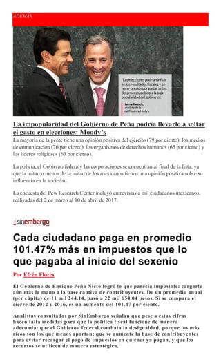 ADEMÁS
La impopularidad del Gobierno de Peña podría llevarlo a soltar
el gasto en elecciones: Moody’s
La mayoría de la gente tiene una opinión positiva del ejército (79 por ciento), los medios
de comunicación (76 por ciento), los organismos de derechos humanos (65 por ciento) y
los líderes religiosos (63 por ciento).
La policía, el Gobierno federaly las corporaciones se encuentran al final de la lista, ya
que la mitad o menos de la mitad de los mexicanos tienen una opinión positiva sobre su
influencia en la sociedad.
La encuesta del Pew Research Center incluyó entrevistas a mil ciudadanos mexicanos,
realizadas del 2 de marzo al 10 de abril de 2017.
Cada ciudadano paga en promedio
101.47% más en impuestos que lo
que pagaba al inicio del sexenio
Por Efrén Flores
El Gobierno de Enrique Peña Nieto logró lo que parecía imposible: cargarle
aún más la mano a la base cautiva de contribuyentes. De un promedio anual
(per cápita) de 11 mil 244.14, pasó a 22 mil 654.04 pesos. Si se compara el
cierre de 2012 y 2016, es un aumento del 101.47 por ciento.
Analistas consultados por SinEmbargo señalan que pese a estas cifras
hacen falta medidas para que la política fiscal funcione de manera
adecuada: que el Gobierno federal combata la desigualdad, porque los más
ricos son los que menos aportan; que se aumente la base de contribuyentes
para evitar recargar el pago de impuestos en quienes ya pagan, y que los
recursos se utilicen de manera estratégica.
 