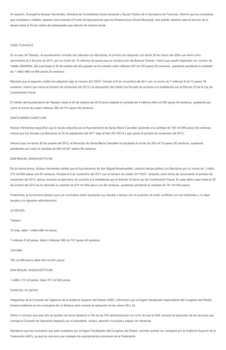 Al respecto, Evangelina Alcázar Hernández, directora de Contabilidad Gubernamental y Deuda Pública de la Secretaría de Finanzas, informó que los municipios
que contrataron créditos, dejando como prenda el Fondo de Aportaciones para la Infraestructura Social Municipal, sólo podrán destinar para el servicio de la
deuda hasta el 25 por ciento del presupuesto que ejercen de manera anual.




CASO TLAXIACO


En el caso de Tlaxiaco, el ayuntamiento contrató dos adeudos con Banobras, el primero fue adquirido con fecha 26 de marzo del 2004 que tiene como
vencimiento el 2 de junio de 2014, por un monto de 10 millones de pesos para la construcción del Bulevar Oriente, mismo que quedó registrado con número de
crédito 20040004, del cual hasta el 30 de octubre del año pasado se ha cubierto ocho millones 333 mil 333 pesos 80 centavos, quedando pendiente la cantidad
de 1 millón 666 mil 666 pesos 20 centavos.


Mientras que el segundo crédito fue adquirido bajo el número 20110037, firmado el 8 de noviembre del 2011 por un monto de 7 millones 8 mil 13 pesos 78
centavos, mismo que vence el primero de noviembre del 2013 y la adquisición del crédito fue firmado de acuerdo a lo establecido por el Artículo 33 de la Ley de
Coordinación Fiscal.


El crédito del Ayuntamiento de Tlaxiaco hasta el 30 de octubre del 2012 tenía cubierta la cantidad de 3 millones 404 mil 266 pesos 29 centavos, quedando por
cubrir el monto de cuatro millones 395 mil 747 pesos 49 centavos.


SANTA MARÍA CAMOTLÁN


Alcázar Hernández especificó que la deuda adquirida por el Ayuntamiento de Santa María Camotlán asciende a la cantidad de 705 mil 999 pesos 56 centavos,
misma que fue firmada con Banobras el 30 de septiembre del 2011 bajo el folio 20110019 y que vence el primero de noviembre del 2013.


Informó que con fecha 30 de octubre del 2012, el Municipio de Santa María Camotlán ha liquidado el monto de 305 mil 78 pesos 50 centavos, quedando
pendientes por cubrir la cantidad de 400 mil 921 pesos 06 centavos.


SAN MIGUEL AHUEHUETITLÁN


De la misma forma, Alcázar Hernández señaló que el Ayuntamiento de San Miguel Ahuehuetitlán, adquirió deuda pública con Banobras por un monto de 1 millón
315 mil 999 pesos con 65 centavos, firmada el 9 de noviembre del 2011 con el número de crédito 20110031, teniendo como fecha de vencimiento el primero de
noviembre del 2013, dichos recursos se ejercieron de acuerdo a lo establecido por el Artículo 33 de la Ley de Coordinación Fiscal. En este último caso hasta el 30
de octubre del 2012 se ha abonado la cantidad de 574 mil 359 pesos con 65 centavos, quedando pendiente la cantidad de 741 mil 640 pesos.


Finalmente, la funcionaria destacó que Los municipios están liquidando sus deudas a tiempo con el propósito de evitar conflictos con los habitantes y no dejar
deudas a la siguiente administración.


LA DEUDA


Tlaxiaco


10 mdp; debe 1 millón 666 mil pesos


7 millones 8 mil pesos, debe 4 millones 395 mil 747 pesos 49 centavos


Camotlán


705 mil 999 pesos debe 400 mil 921 pesos


SAN MIGUEL AHUEHUETITLÁN


1 millón 315 mil pesos, debe 741 mil 640 pesos


Auditorías, en camino


Integrantes de la Comisión de Vigilancia de la Auditoría Superior del Estado (ASE), informaron que el órgano fiscalizador dependiente del Congreso del Estado,
iniciará auditorias en los municipios de La Mixteca para conocer la aplicación de los ramos 28 y 33.


Dieron a conocer que este año se auditan de forma aleatoria a 100 de las 570 demarcaciones con el fin de que la ASE conozca la aplicación de los recursos que
maneja la Comisión de Hacienda integrado por el presidente, sindico, tesorero municipal y regidor de Hacienda.


Señalaron que los municipios que sean auditados por el órgano fiscalizador del Congreso del Estado, también podrán ser revisados por la Auditoria Superior de la
Federación (ASF), ya que los recursos que manejan los ayuntamientos provienen de la Federación.
 
