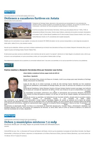 INVOLUCRAN A FUNCIONARIO ESTATAL

Detienen a cazadores furtivos en Astata
REDACCIÓN/FOTO:ARCHIVO

                                                     Pobladores de Santiago Astata, detuvieron a tres personas que transportaban en una camioneta tres
                                                     venados muertos, quienes acudieron a la localidad de cacería, a invitación –de acuerdo a la versión de los
                                                     involucrados—del director de Pesca del gobierno estatal, Benjamín Hernández Silva.


                                                     El edil de la localidad, Said Hernández Hernández, informó que este sábado entre las 17:000 y 18:00, el
                                                     comisariado de Bienes Comunales, Vicente López Cabrera y elementos de la policía municipal, interceptaron
                                                     en el paraje “Cupil” a Carlos Bernal Castellanos de 57 años de edad, Enrique Canseco Avelino, de 61 años y
                                                     Carlos Manzano Vicente, de 70, procedentes de la capital oaxaqueña.


Detalló que en la camioneta en la que viajaban, con placas de circulación RV-39525 del estado, los tres varones transportaban un arma larga tipo escopeta de
doble cañón, calibre 20 mm y tres venados muertos.


Abundó que los detenidos, refirieron que fueron invitados verbalmente por el director de la Secretaría de Pesca en la entidad, Benjamín Hernández Silva y por el
regidor de pesca de Santiago Astata, Ricardo Villabos Peto.


El edil precisó que estos varones se identificaron como miembros del club de cacería "Los tejones", además de no haber llegado a la población solos, ante lo que
se buscó a sus acompañantes, sin que se encontrara a nadie, por lo que pudieron haberse dado a la fuga.


Para determinar la situación de los cazadores, la comunidad realizará este 13 de enero una asamblea, en la cual se expondrán los hechos a los pobladores.




Podrían destituir a Benjamín Hernández Silva por fomentar caza furtiva

                                   Libera Astata a cazadores furtivos; pagan multa de $30 mil

                                   Janet Maza / Quadratín

                                   Benjamín Hernández Silva, director de Pesca en el estado, invitó a sus amigos para cazar benados en Santiago
                                   Astata, denunciaron los detenidos.

                                 Luego de dos días en la cárcel municipal, la tarde de este domingo fueron liberados los tres cazadores
                                 retenidos por pobladores y autoridades de Santiago Astata, por cazar sin permiso tres venados en una zona de
                                 veda.
                                 Carlos Bernal Castellanos, Carlos Manzano Vicente y Enrique Canseco Avelino tuvieron que pagar una multa de
                                 30 mil pesos por concepto de reparación de daños y firmar una minuta en la que se comprometen a no volver
                                 a                                                    la                                                  localidad.
                                 Las autoridades municipales confirmaron que indagan la participación del funcionario Benjamín Hernández
                                 Silva, director de Pesca del gobierno estatal, a fin de que, en caso de ser hallado culpable, sea destituido de su
                                 cargo.
                                 Después de concluir su asamblea, los habitantes de ese municipio istmeño, ubicado sobre la carretera costera,
                                 devolvieron      también      la    camioneta       Toyota     y    una      escopeta     de     doble      cañón.
Los conminaron a no regresar a la comunidad y evitar realizar actividades ilegales de cacería en perjuicio de la fauna del estado.
Cabe precisar que Benjamín Hernández Silva es ex diputado local y ex diputado federal, así como miembro de la Comisión Política del Partido
de la Revolución Democrática, además de representante legal y socio de la compañía Planta Congeladora y Fábrica de Hielo “El pescador”, con
sede                               en                             Puerto                              Ángel,                              Pochutla.
Actualmente se desempeña director de Pesca en la Secretaría de Desarrollo Agropecuario, Forestal, Pesca y Alimentación (Sedafpa), que
encabeza Salomón Jara Cruz. De acuerdo con pobladores de Pochutla, su tierra natal, tanto él como su familia se dedican a la cacería en
distintas localidades de la Costa. (Quadratín)




CRÉDITOS CONTRATADOS CON BANOBRAS

Deben 3 municipios mixtecos 7.2 mdp
Pactaron deuda por 19 mdp; dejan en prenda Fondo de Infraestructura
IGAVEC



HUAJUAPAN de León, Oax.- La Secretaría de Finanzas del Gobierno del Estado, informó que los presidentes municipales de Santa María Camotlán, San Miguel
Ahuehuetitlán y el Municipio de Tlaxiaco, adquirieron un endeudamiento con el Banco Nacional de Obras y Servicios Públicos (Banobras), cuyo monto total es de
19 millones 160 mil 13 pesos 44 centavos.
 