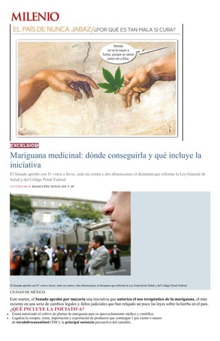 Mariguana medicinal: dónde conseguirla y qué incluye la
iniciativa
El Senado aprobó con 81 votos a favor, siete en contra y dos abstenciones el dictamen que reforma la Ley General de
Salud y del Código Penal Federal
14/12/2016 08:18 REDACCIÓN/ FOTOS: EFE Y AP
1 / 3
El Senado aprobó con 81 votos a favor, siete en contra y dos abstenciones el dictamen que reforma la Ley General de Salud y del Código Penal Federal
CIUDAD DE MÉXICO.
Este martes, el Senado aprobó por mayoría una iniciativa que autoriza el uso terapéutico de la mariguana, el más
reciente en una serie de cambios legales y fallos judiciales que han relajado un poco las leyes sobre la hierba en el país.
¿QUÉ INCLUYE LA INICIATIVA?
Estará autorizado el cultivo de plantas de mariguana para su aprovechamiento médico y científico.
Legaliza la compra, venta, importación y exportación de productos que contengan 1 por ciento o menos
de tetrahidrocannabinol (THC), la principal sustancia psicoactiva del cannabis.
 