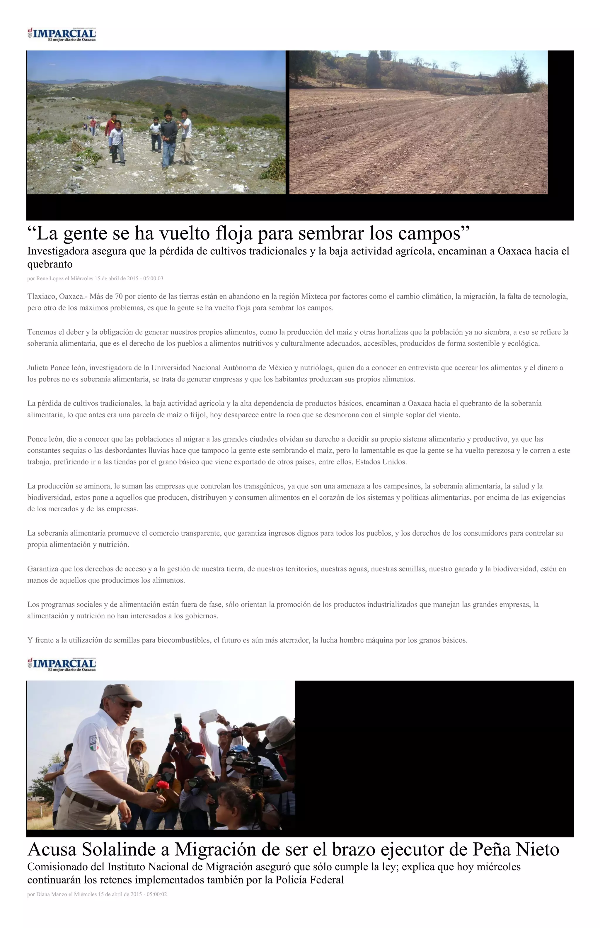 “La gente se ha vuelto floja para sembrar los campos”
Investigadora asegura que la pérdida de cultivos tradicionales y la baja actividad agrícola, encaminan a Oaxaca hacia el
quebranto
por Rene Lopez el Miércoles 15 de abril de 2015 - 05:00:03
Tlaxiaco, Oaxaca.- Más de 70 por ciento de las tierras están en abandono en la región Mixteca por factores como el cambio climático, la migración, la falta de tecnología,
pero otro de los máximos problemas, es que la gente se ha vuelto floja para sembrar los campos.
Tenemos el deber y la obligación de generar nuestros propios alimentos, como la producción del maíz y otras hortalizas que la población ya no siembra, a eso se refiere la
soberanía alimentaria, que es el derecho de los pueblos a alimentos nutritivos y culturalmente adecuados, accesibles, producidos de forma sostenible y ecológica.
Julieta Ponce león, investigadora de la Universidad Nacional Autónoma de México y nutrióloga, quien da a conocer en entrevista que acercar los alimentos y el dinero a
los pobres no es soberanía alimentaria, se trata de generar empresas y que los habitantes produzcan sus propios alimentos.
La pérdida de cultivos tradicionales, la baja actividad agrícola y la alta dependencia de productos básicos, encaminan a Oaxaca hacia el quebranto de la soberanía
alimentaria, lo que antes era una parcela de maíz o fríjol, hoy desaparece entre la roca que se desmorona con el simple soplar del viento.
Ponce león, dio a conocer que las poblaciones al migrar a las grandes ciudades olvidan su derecho a decidir su propio sistema alimentario y productivo, ya que las
constantes sequias o las desbordantes lluvias hace que tampoco la gente este sembrando el maíz, pero lo lamentable es que la gente se ha vuelto perezosa y le corren a este
trabajo, prefiriendo ir a las tiendas por el grano básico que viene exportado de otros países, entre ellos, Estados Unidos.
La producción se aminora, le suman las empresas que controlan los transgénicos, ya que son una amenaza a los campesinos, la soberanía alimentaria, la salud y la
biodiversidad, estos pone a aquellos que producen, distribuyen y consumen alimentos en el corazón de los sistemas y políticas alimentarias, por encima de las exigencias
de los mercados y de las empresas.
La soberanía alimentaria promueve el comercio transparente, que garantiza ingresos dignos para todos los pueblos, y los derechos de los consumidores para controlar su
propia alimentación y nutrición.
Garantiza que los derechos de acceso y a la gestión de nuestra tierra, de nuestros territorios, nuestras aguas, nuestras semillas, nuestro ganado y la biodiversidad, estén en
manos de aquellos que producimos los alimentos.
Los programas sociales y de alimentación están fuera de fase, sólo orientan la promoción de los productos industrializados que manejan las grandes empresas, la
alimentación y nutrición no han interesados a los gobiernos.
Y frente a la utilización de semillas para biocombustibles, el futuro es aún más aterrador, la lucha hombre máquina por los granos básicos.
Acusa Solalinde a Migración de ser el brazo ejecutor de Peña Nieto
Comisionado del Instituto Nacional de Migración aseguró que sólo cumple la ley; explica que hoy miércoles
continuarán los retenes implementados también por la Policía Federal
por Diana Manzo el Miércoles 15 de abril de 2015 - 05:00:02
 