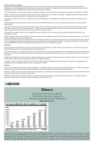 Morelia, Chihuahua y Ecatepec
Los gobiernos de Michoacán y Morelia reconocieron la inversión de 40 millones de pesos aplicados para la visita del papa Francisco,
cantidad que no fue destinada para el evento en sí, sino para la remodelación de calles por donde transitará el pontífice, así como para la
rehabilitación de las instalaciones del Estadio Olímpico Venustiano Carranza.
El comité organizador niega que ambos gobiernos hayan entregado recursos directos para apoyar la visita papal, que será el 16 de febrero.
"Será un evento con gran austeridad, donde muchos de los organizadores han puesto de su bolsillo", aseguró el sacerdote Mateo Calvillo,
integrante de la Comisión de Radio y Televisión del comité organizador.
Dijo que la mayoría de los servicios será gratuito por parte de la feligresía: "Nos regalarán su trabajo y tiempo. Serán servicios que no se
cobrarán".
El padre Calvillo citó como ejemplo la valla humana de más de 200 mil jóvenes que son convocados para resguardar la ruta de tránsito
delPapamóvil.
Negó que la danza de cifras en torno al desembolso para dicho evento por parte de los gobiernos, sea real: "No sé de dónde han sacado
esas cifras —entre 150 y 190 millones de pesos—. Nosotros aún no tenemos números duros, pero lo cierto es que el papa Francisco no
cobra por estas visitas; tampoco se asumen los costos de su comitiva", aclaró.
"Hay veces que cuesta más caro que los gobernantes viajen a París con sus comitivas que lo que realmente dejan de beneficio a los
ciudadanos", recordó
En este sentido, antepuso las críticas a las ventajas y beneficios que arrojará la visita papal: la derrama económica generada por más de un
millón de visitantes, la ocupación hotelera y el
consumo en comercio local, pero sobre todo el posicionamiento mundial de una ciudad como Morelia, que hace apenas ocho años apareció
como un lugar golpeado por la narcoviolencia, tras los granadazos del 15 de septiembre de 2008. La Secretaría de Obras Públicas informó
que la rehabilitación del Estadio Venustiano Carranza tendrá un costo de 22 millones de pesos.
Chihuahua
Con el propósito de satisfacer los gastos que se deriven de la visita del papa a Ciudad Juárez, que superarán los 15 millones de pesos, la
diócesis fronteriza puso en marcha la campaña Corazón Generoso.
El sacerdote Hesiquio Trevizo Bencomo informó que luego de dar a conocer que ya se tienen más de 2 millones de pesos para satisfacer los
gastos que se deriven de la visita del pontífice hizo un llamado tanto a la comunidad católica como a los empresarios para que se sumen a
esta causa.
Actualmente el gobierno municipal trabaja a marchas forzadas para levantar las instalaciones de la Feria Expo, debido a que allí se realizará
la misa. Este evento tendrá un costo aproximado a los 5 millones de pesos.
Lo anterior, reiteró, incluye la construcción del altar que se está realizando actualmente: "Quiero decirle que para ello el empresariado y la
participación de las autoridades civiles ha sido muy generosa", señaló.
Ecatepec
El vocero de la Diócesis de Ecatepec, Estado de México, Luis Martínez Flores, informó que fieles, entusiasmados con la visita de Francisco,
hacen donaciones económicas para apoyar los gastos que genere la celebración eucarística masiva del pontífice.
Asimismo, señaló que hace un par de semanas las aportaciones que realizaron los feligreses durante la colecta dominical se destinaron para
sufragar los gastos de los preparativos de la visita.
Manifestó que aún reciben el apoyo económico, pero que desconoce el monto de los recaudado hasta el momento. "No tengo todavía el
dato de esta naturaleza porque yo no estoy en la comisión de Economía", dijo.
Dinero
El amor podría salvar a Kate de ser enjuiciada
No hay inodoros ni agua, pero sí celulares caros
Sería un mal negocio vender el avión presidencial, dicen
ENRIQUE GALVÁN OCHOA
Pssst! El dólar cierra la semana arriba de 18 pesos, el precio del petróleo no repunta y hay recorte de más de 13 mil trabajadores de Pemex, y la tijera
comienza a sentirse en otras dependencias. Pero seguimos muy entretenidos con la operación Disney Negro que armaron los estrategas de la imagen
gubernamental. Tras el efecto de la recaptura de El Chapo Guzmán el nuevo capítulo trata de una probable relación romántica del capo sinaloense
con Kate del Castillo. Ella podría resultar responsable de haber cometido una violación, o varias, al artículo 400 del Código Penal Federal que castiga
el delito de encubrimiento. Dice esto: Se aplicará prisión de tres meses a tres años y de 15 a 60 días de multa, al que oculte o favorezca el
 