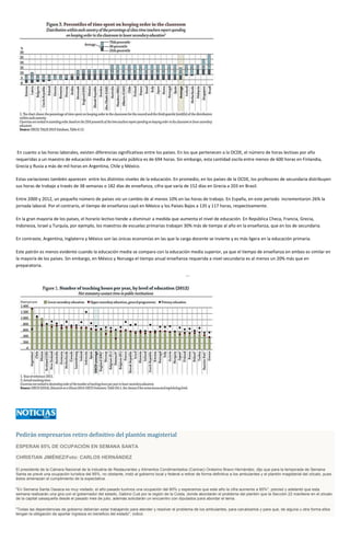 En cuanto a las horas laborales, existen diferencias significativas entre los países. En los que pertenecen a la OCDE, el número de horas lectivas por año
requeridas a un maestro de educación media de escuela pública es de 694 horas. Sin embargo, esta cantidad oscila entre menos de 600 horas en Finlandia,
Grecia y Rusia a más de mil horas en Argentina, Chile y México.
Estas variaciones también aparecen entre los distintos niveles de la educación. En promedio, en los países de la OCDE, los profesores de secundaria distribuyen
sus horas de trabajo a través de 38 semanas o 182 días de enseñanza, cifra que varía de 152 días en Grecia a 203 en Brasil.
Entre 2000 y 2012, un pequeño número de países vio un cambio de al menos 10% en las horas de trabajo. En España, en este periodo incrementaron 26% la
jornada laboral. Por el contrario, el tiempo de enseñanza cayó en México y los Países Bajos a 135 y 117 horas, respectivamente.
En la gran mayoría de los países, el horario lectivo tiende a disminuir a medida que aumenta el nivel de educación. En República Checa, Francia, Grecia,
Indonesia, Israel y Turquía, por ejemplo, los maestros de escuelas primarias trabajan 30% más de tiempo al año en la enseñanza, que en los de secundaria.
En contraste, Argentina, Inglaterra y México son las únicas economías en las que la carga docente se invierte y es más ligera en la educación primaria.
Este patrón es menos evidente cuando la educación media se compara con la educación media superior, ya que el tiempo de enseñanza en ambos es similar en
la mayoría de los países. Sin embargo, en México y Noruega el tiempo anual enseñanza requerida a nivel secundaria es al menos un 20% más que en
preparatoria.
Pedirán empresarios retiro definitivo del plantón magisterial
ESPERAN 85% DE OCUPACIÓN EN SEMANA SANTA
CHRISTIAN JIMÉNEZ/Foto: CARLOS HERNÁNDEZ
El presidente de la Cámara Nacional de la Industria de Restaurantes y Alimentos Condimentados (Canirac) Onésimo Bravo Hernández, dijo que para la temporada de Semana
Santa se prevé una ocupación turística del 85%, no obstante, instó al gobierno local y federal a retirar de forma definitiva a los ambulantes y el plantón magisterial del zócalo, pues
éstos amenazan el cumplimiento de la expectativa.
"En Semana Santa Oaxaca es muy visitado, el año pasado tuvimos una ocupación del 80% y esperamos que este año la cifra aumente a 85%", precisó y adelantó que esta
semana realizarán una gira con el gobernador del estado, Gabino Cué por la región de la Costa, donde abordarán el problema del plantón que la Sección 22 mantiene en el zócalo
de la capital oaxaqueña desde el pasado mes de julio, además solicitarán un encuentro con diputados para abordar el tema.
"Todas las dependencias de gobierno deberían estar trabajando para atender y resolver el problema de los ambulantes, para canalizarlos y para que, de alguna u otra forma ellos
tengan la obligación de aportar ingresos en beneficio del estado", indicó.
 