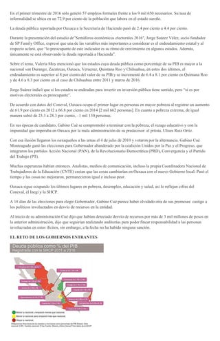En el primer trimestre de 2016 sólo generó 57 empleos formales frente a los 9 mil 650 necesarios. Su tasa de
informalidad se ubica en un 72.9 por ciento de la población que labora en el estado sureño.
La deuda pública reportada por Oaxaca a la Secretaría de Haciendo pasó de 2.4 por ciento a 4.4 por ciento.
Durante la presentación del estudio de”Semáforos económicos electorales 2016″, Jorge Suárez Vélez, socio fundador
de SP Family Office, expresó que una de las variables más importantes a considerar es el endeudamiento estatal y al
respecto aclaró, que “lo preocupante de este indicador es su ritmo de crecimiento en algunos estados. Además,
únicamente se está observando la deuda reportada a Hacienda”.
Sobre el tema, Valeria Moy mencionó que los estados cuya deuda pública como porcentaje de su PIB es mayor a la
nacional son Durango, Zacatecas, Oaxaca, Veracruz, Quintana Roo y Chihuahua, en estos dos últimos, el
endeudamiento es superior al 8 por ciento del valor de su PIB y se incrementó de 6.4 a 8.1 por ciento en Quintana Roo
y de 4.6 a 8.3 por ciento en el caso de Chihuahua entre 2011 y marzo de 2016.
Jorge Suárez indicó que si los estados se endeudan para invertir en inversión pública tiene sentido, pero “si es por
motivos electorales es preocupante”.
De acuerdo con datos del Coneval, Oaxaca ocupa el primer lugar en personas en mayor pobreza al registrar un aumento
de 61.9 por ciento en 2012 a 66.8 por ciento en 2014 [2 mil 662 personas]. En cuanto a pobreza extrema, de igual
manera subió de 23.3 a 28.3 por ciento, –1 mil 130 personas.
En sus épocas de candidato, Gabino Cué se comprometió a terminar con la pobreza, el rezago educativo y con la
impunidad que imperaba en Oaxaca por la mala administración de su predecesor: el priista, Ulises Ruiz Ortiz.
Con esa ilusión llegaron los oaxaqueños a las urnas el 4 de julio de 2010 y votaron por la alternancia. Gabino Cué
Monteagudo ganó las elecciones para Gobernador abanderado por la coalición Unidos por la Paz y el Progreso, que
integraron los partidos Acción Nacional (PAN), de la Revolucionario Democrática (PRD), Convergencia y el Partido
del Trabajo (PT).
Muchas esperanzas habían entonces. Analistas, medios de comunicación, incluso la propia Coordinadora Nacional de
Trabajadores de la Educación (CNTE) creían que las cosas cambiarían en Oaxaca con el nuevo Gobierno local. Pasó el
tiempo y las cosas no mejoraron, permanecieron igual e incluso peor.
Oaxaca sigue ocupando los últimos lugares en pobreza, desempleo, educación y salud, así lo reflejan cifras del
Coneval, el Inegi y la SHCP.
A 18 días de las elecciones para elegir Gobernador, Gabino Cué parece haber olvidado otra de sus promesas: castigo a
los políticos involucrados en desvío de recursos en la entidad.
Al inicio de su administración Cué dijo que habían detectado desvío de recursos por más de 3 mil millones de pesos en
la anterior administración, dijo que seguirían realizando auditorías para poder fincar responsabilidad a las personas
involucradas en estos ilícitos, sin embargo, a la fecha no ha habido ninguna sanción.
EL RETO DE LOS GOBIERNOS ENTRANTES
 