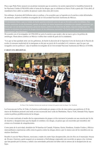Pese a que Peña Nieto anunció en un primer momento que no asistiría a la sesión especial de la Asamblea General de
las Naciones Unidas (UNGASS) sobre el tema de las drogas, que se celebrará en Nueva York a partir del 19 de abril, el
mandatario hizo saber su cambio de parecer cuatro días antes del evento.
Sin embargo, la postura del Gobierno aún es confusa, y los acuerdos que se lograrán en el conclave están delimitados
de antemano, apuntó el también investigador de la Universidad Nacional Autónoma de México.
“El documento final, o que se votará, de hecho querían redactarlo antes de que se llevarán a cabo los debates. Hay
muchas omisiones en ese documento, apenas es el atisbo de temas largamente reclamados por ejemplo, cuestiones que
tienen que ver con derechos humanos, penas de muerte, políticas de reducción de daños, mayores margen para los
Estados en términos del control de drogas dentro de las soberanías nacionales. De hecho está vetada la discusión sobre
la mariguana”, dijo Hernández.
De acuerdo con el investigador, la UNGASS no será el conclave que ayude a dar un nuevo giro a la política de
antidrogas. Hasta ahora cambios en México visibles han venido de parte de la ciudadanía.
“Los que se han quedado atrás son los gobiernos, de hecho la decisión de la Suprema Corte de Justicia de la Nación de
avalar el consumo medicinal de la mariguana se dio por un juicio de la sociedad civil, entonces, aquí los que van
rezagados son los políticos”, dijo el también investigador de la Universidad Nacional Autónoma de México (UNAM).
CARAVANA REGIONAL
En Nueva York, familiares hicieron una oración por víctimas de la guerra contra las drogas. Foto: Facebook
La Caravana por la Paz, la Vida y la Justicia conformada por grupos civiles de cinco países que partieron el 28 de
marzo de Honduras protestó esta tarde en una reconocida área verde de Manhattan, Nueva York, llamada Foley Square
contra la política prohibicionista de las drogas.
En el evento realizado al medio día los representantes de grupos civiles iniciaron la jornada con una oración por la ola
de muertes y desapariciones que ha dejado el combate a las drogas, en países que son recorridos por miembros del
crimen en el traslado de estupefacientes.
Como parte de la actividad, alrededor de 50 familias de Canadá, Filipinas, Kenia, Honduras, Estados Unidos y México
intercambiaron experiencias sobre cómo la guerra contra las drogas afecto a por lo menos uno de los miembros de sus
núcleos familiares.
Resaltó el caso de Maria Herrera, mexicana y madre de cuatro hijos desaparecidos, dos de ellos en el municipio Atoyac
de Álvarez, Guerrero, quién aseguró en su momento a SinEmbargo emprender este recorrido en apoyo a las víctimas
que han pasado por lo mismo y señaló a las autoridades policiales de haber sido lo autores de la desaparición de sus
hijos.
 