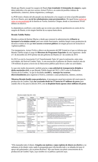 Desde que Duarte escapó los suegros de Duarte han tramitado 14 demandas de amparo, según
datos judiciales a los que tuvo acceso Animal Político, en contra de posibles órdenes de
aprehensión, citatorios, alertas migratorias y embargos.
La PGR tomó a finales del año pasado una declaración a los suegros en torno al posible paradero
de Javier Duarte, pero no de los señalamientos como prestanombres. De igual forma realizó un
cateo en una propiedad de la familia en Tuxtla, Gutiérrez Chiapas, donde se encontraron 54 mil
dólares en efectivo.
La dependencia confirmó a este medio que no existe una orden de aprehensión en contra de los
suegros de Duarte, ni de ningún familiar de su esposa hasta ahora.
Brenda Tubilla Muñoz
Brenda es prima de Karime Macías y desde que comenzó la administración deDuarte se
incorporó a la nómina estatal, pero aun siendo funcionaria, también fungió como productora de
diversos eventos en los que tuvo acceso a recursos púbicos sin ningún proceso de licitación ni
vigilancia pública.
Vía transparencia, Animal Político obtuvo un documento del DIF Estatal en el que se informa que
Brenda Tubilla ocupó el cargo de Directora de Programas Especiales de este organismo desde
el 1 de diciembre de 2010 (primer día del gobierno de Duarte) al 1 de octubre de 2014.
En 2012 se creó la Asociación Civil Transformando Tajín AC para la realización, entre otras
actividades, del festival Cumbre Tajín. A esta asociación el gobierno de Duarte canalizó más de
130 millones de pesos a través de un fideicomiso público para llevar a cabo sus actividades.
Lo que este medio documentó, también gracias a una solicitud de transparencia dirigida a
dicha asociación civil, es que Brenda Tubilla fungió del 2012 a 2015 como la Productora
Técnica de la Cumbre, lo que la facultaba arecibir y manejar los recursos
discrecionalmente para organizar el festiva, contratar a casas productoras, talentos, etcétera.
Mientras Brenda fundió como productora, el presupuesto anual proveniente del erario para la
producción de Cumbre Tajín fue creciendo desde los 27 hasta los 47 millones de pesos pero
cuando ella se fue para la edición 2016, este se desplomó hasta apenas cinco millones de pesos.
“Ella manejaba todo el dinero. Llegaba con maletas y cajas repletas de dinero en efectivo y no
sabíamos ni de dónde venía, nadie la preguntaba pero ella decidía todo y se ufanaba de tener el
apoyo del gobernador y de su prima (Karime)” dijo una fuente con pleno conocimiento de la
producción de Cumbre Tajín, cuyo nombre no se publica a petición suya.
 