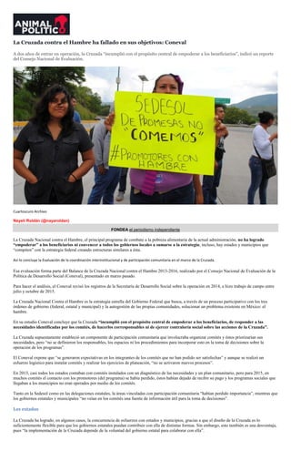 La Cruzada contra el Hambre ha fallado en sus objetivos: Coneval
A dos años de entrar en operación, la Cruzada “incumplió con el propósito central de empoderar a los beneficiarios”, indicó un reporte
del Consejo Nacional de Evaluación.
Cuartoscuro Archivo
Nayeli Roldán (@nayaroldan)
FONDEA el periodismo independiente
La Cruzada Nacional contra el Hambre, el principal programa de combate a la pobreza alimentaria de la actual administración, no ha logrado
“empoderar” a los beneficiarios ni convencer a todos los gobiernos locales a sumarse a la estrategia; incluso, hay estados y municipios que
“compiten” con la estrategia federal creando estructuras similares a ésta.
Así lo concluye la Evaluación de la coordinación interinstitucional y de participación comunitaria en el marco de la Cruzada.
Esa evaluación forma parte del Balance de la Cruzada Nacional contra el Hambre 2013-2016, realizado por el Consejo Nacional de Evaluación de la
Política de Desarrollo Social (Coneval), presentado en marzo pasado.
Para hacer el análisis, el Coneval revisó los registros de la Secretaría de Desarrollo Social sobre la operación en 2014, e hizo trabajo de campo entre
julio y octubre de 2015.
La Cruzada Nacional Contra el Hambre es la estrategia estrella del Gobierno Federal que busca, a través de un proceso participativo con los tres
órdenes de gobierno (federal, estatal y municipal) y la autogestión de las propias comunidades, solucionar un problema existente en México: el
hambre.
En su estudio Coneval concluye que la Cruzada “incumplió con el propósito central de empoderar a los beneficiarios, de responder a las
necesidades identificadas por los comités, de hacerlos corresponsables ni de ejercer contraloría social sobre las acciones de la Cruzada”.
La Cruzada supuestamente estableció un componente de participación comunitaria que involucraba organizar comités y éstos priorizarían sus
necesidades, pero “no se definieron los responsables, los espacios ni los procedimientos para incorporar esto en la toma de decisiones sobre la
operación de los programas”.
El Coneval expone que
esfuerzo logístico para instalar comités y realizar los ejercicios de planeación, “no se activaron nuevos procesos”.
En 2013, casi todos los estados contaban con comités instalados con un diagnóstico de las necesidades y un plan comunitario, pero para 2015, en
muchos comités el contacto con los promotores (del programa) se había perdido, éstos habían dejado de recibir su pago y los programas sociales que
llegaban a los municipios no eran operados por medio de los comités.
Tanto en la Sedesol como en las delegaciones estatales, la áreas vinculadas con participación comunitaria “habían perdido importancia”, mientras que
los gobiernos estatales y municipales “no veían en los comités una fuente de información útil para la toma de decisiones”.
Los estados
La Cruzada ha logrado, en algunos casos, la concurrencia de esfuerzos con estados y municipios, gracias a que el diseño de la Cruzada es lo
suficientemente flexible para que los gobiernos estatales puedan contribuir con ella de distintas formas. Sin embargo, esto también es una desventaja,
pues “la implementación de la Cruzada depende de la voluntad del gobierno estatal para colaborar con ella”.
 