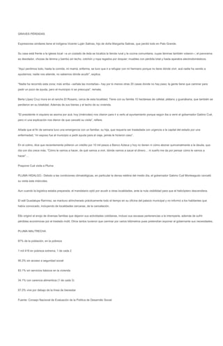 GRAVES PÉRDIDAS


Expresiones similares tiene el indígena Vicente Luján Salinas, hijo de doña Margarita Salinas, que perdió todo en Palo Grande.


Su casa está frente a la iglesia local --a un costado de ésta se localiza la tienda rural y la cocina comunitaria, cuyas láminas también volaron--; el panorama
es desolador, chozas de lámina y bambú sin techo, colchón y ropa regados por doquier; muebles con pérdida total y hasta aparatos electrodomésticos.


“Aquí perdimos todo, hasta la comida; mi mamá, enferma, se tuvo que ir a refugiar con mi hermano porque no tiene dónde vivir; acá nadie ha venido a
ayudarnos; nadie nos atiende, no sabemos dónde acudir”, explica.


“Nadie ha recorrido esta zona; más arriba --señala las montañas-- hay por lo menos otras 20 casas donde no hay paso; la gente tiene que caminar para
pedir un poco de ayuda, pero el municipio ni se preocupa”, remata.


Berta López Cruz mora en el rancho El Rosario, cerca de esta localidad. Tiene con su familia 10 hectáreas de cafetal, plátano y guanábana, que también se
perdieron en su totalidad. Además de sus bienes y el techo de su vivienda.


“El presidente ni siquiera se asoma por acá; hoy (miércoles) nos citaron para ir a verlo al ayuntamiento porque según iba a venir el gobernador Gabino Cué,
pero ni una explicación nos dieron de que canceló su visita”, refiere.


Añade que el fin de semana tuvo una emergencia con un familiar, su hija, que requería ser trasladada con urgencia a la capital del estado por una
enfermedad; “mi esposo fue al municipio a pedir ayuda para el viaje, jamás le hicieron caso”.


En el colmo, dice que recientemente pidieron un crédito por 10 mil pesos a Banco Azteca y hoy no tienen ni cómo abonar quincenalmente a la deuda, que
día con día crece más. “Cómo le vamos a hacer, de qué vamos a vivir, dónde vamos a sacar el dinero… ni sueño me da por pensar cómo le vamos a
hacer”…


Pospone Cué visita a Pluma


PLUMA HIDALGO.- Debido a las condiciones climatológicas, en particular la densa neblina del medio día, el gobernador Gabino Cué Monteagudo canceló
su visita este miércoles.


Aun cuando la logística estaba preparada, el mandatario optó por acudir a otras localidades, ante la nula visibilidad para que el helicóptero descendiera.


El edil Guadalupe Ramírez, se mantuvo atrincherado prácticamente todo el tiempo en su oficina del palacio municipal y no informó a los habitantes que
había convocado, incluyendo de localidades cercanas, de la cancelación.


Ello originó el enojo de diversas familias que dejaron sus actividades cotidianas, incluso sus escasas pertenencias a la intemperie, además de sufrir
pérdidas económicas por el traslado inútil. Otros tantos tuvieron que caminar por varios kilómetros pues pretendían exponer al gobernante sus necesidades.


PLUMA MALTRECHA


87% de la población, en la pobreza


1 mil 419 en pobreza extrema, 1 de cada 2


95.3% sin acceso a seguridad social


83.1% sin servicios básicos en la vivienda


34.1% con carencia alimenticia (1 de cada 3)


87.0% vive por debajo de la línea de bienestar


Fuente: Consejo Nacional de Evaluación de la Política de Desarrollo Social
 