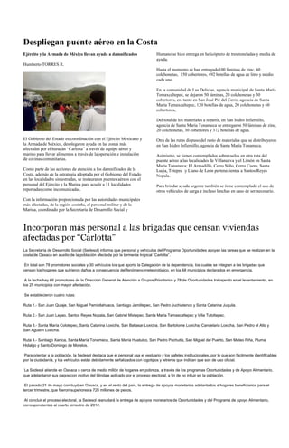 Despliegan puente aéreo en la Costa
Ejército y la Armada de México llevan ayuda a damnificados                      Humano se hizo entrega en helicóptero de tres toneladas y media de
                                                                                ayuda.
Humberto TORRES R.
                                                                                Hasta el momento se han entregado100 láminas de zinc, 60
                                                                                colchonetas, 150 cobertores, 492 botellas de agua de litro y medio
                                                                                cada uno.

                                                                                En la comunidad de Las Delicias, agencia municipal de Santa María
                                                                                Temaxcaltepec, se dejaron 50 láminas, 20 colchonetas y 30
                                                                                cobertores, en tanto en San José Pie del Cerro, agencia de Santa
                                                                                María Temaxcaltepec, 120 botellas de agua, 20 colchonetas y 60
                                                                                cobertores,

                                                                                Del total de los materiales a repartir, en San Isidro Infiernillo,
                                                                                agencia de Santa María Tonameca se entregaron 50 láminas de zinc,
                                                                                20 colchonetas, 30 cobertores y 372 botellas de agua.
El Gobierno del Estado en coordinación con el Ejército Mexicano y               Otra de las rutas dispuso del resto de materiales que se distribuyeron
la Armada de México, desplegaron ayuda en las zonas más                         en San Isidro Infiernillo, agencia de Santa María Tonameca.
afectadas por el huracán “Carlotta” a través de equipo aéreo y
marino para llevar alimentos a través de la operación e instalación             Asimismo, se tienen contemplados sobrevuelos en otra ruta del
de cocinas comunitarias.                                                        puente aéreo a las localidades de Villanueva y el Limón en Santa
                                                                                María Tonameca; El Armadillo, Cerro Niño, Cerro Cuero, Santa
Como parte de las acciones de atención a los damnificados de la                 Lucia, Tetepec y Llano de León pertenecientes a Santos Reyes
Costa, además de la estrategia adoptada por el Gobierno del Estado              Nopala.
en las localidades siniestradas, se instauraron puentes aéreos con el
personal del Ejército y la Marina para acudir a 31 localidades                  Para brindar ayuda urgente también se tiene contemplado el uso de
reportadas como incomunicadas.                                                  otros vehículos de carga e incluso lanchas en caso de ser necesario.
Con la información proporcionada por las autoridades municipales
más afectadas, de la región costeña, el personal militar y de la
Marina, coordinado por la Secretaría de Desarrollo Social y



Incorporan más personal a las brigadas que censan viviendas
afectadas por “Carlotta”
La Secretaría de Desarrollo Social (Sedesol) informa que personal y vehículos del Programa Oportunidades apoyan las tareas que se realizan en la
costa de Oaxaca en auxilio de la población afectada por la tormenta tropical “Carlotta”.

 En total son 78 promotores sociales y 30 vehículos los que aporta la Delegación de la dependencia, los cuales se integran a las brigadas que
censan los hogares que sufrieron daños a consecuencia del fenómeno meteorológico, en los 68 municipios declarados en emergencia.

 A la fecha hay 66 promotores de la Dirección General de Atención a Grupos Prioritarios y 78 de Oportunidades trabajando en el levantamiento, en
los 25 municipios con mayor afectación.

Se establecieron cuatro rutas:

Ruta 1.- San Juan Quiaje, San Miguel Pamixtlahuaca, Santiago Jamiltepec, San Pedro Juchiatenco y Santa Catarina Juquila.

Ruta 2.- San Juan Layao, Santos Reyes Nopala, San Gabriel Mixtepec, Santa María Temascaltepec y Villa Tutoltepec.

Ruta 3.- Santa María Colotepec, Santa Catarina Loxicha, San Baltasar Loxicha, San Bartolome Loxicha, Candelaria Loxicha, San Pedro el Alto y
San Agustín Loxicha.

Ruta 4.- Santiago Xanica, Santa María Tonameca, Santa María Huatulco, San Pedro Pochutla, San Miguel del Puerto, San Mateo Piña, Pluma
Hidalgo y Santo Domingo de Morelos.

Para orientar a la población, la Sedesol destaca que el personal usa el vestuario y los gafetes institucionales, por lo que son fácilmente identificables
por la ciudadanía, y los vehículos están debidamente señalizados con logotipos y letreros que indican que son de uso oficial.

La Sedesol atiende en Oaxaca a cerca de medio millón de hogares en pobreza, a través de los programas Oportunidades y de Apoyo Alimentario,
que adelantaron sus pagos con motivo del blindaje aplicado por el proceso electoral, a fin de no influir en la población.

 El pasado 21 de mayo concluyó en Oaxaca, y en el resto del país, la entrega de apoyos monetarios adelantados a hogares beneficiarios para el
tercer trimestre, que fueron superiores a 720 millones de pesos.

 Al concluir el proceso electoral, la Sedesol reanudará la entrega de apoyos monetarios de Oportunidades y del Programa de Apoyo Alimentario,
correspondientes al cuarto bimestre de 2012.
 