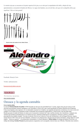 La manita roja que se encuentra en la parte superior de la jota, no es más que la empuñadura del sable y abajito de ésta,
aparentemente se encuentra la bandera de México. Le sigue otra bandera, esa es la de Irak, solo que sin la caligrafía cúfica que
significan “Alá es el más grande”.
Facebook: Horacio Corro
Twitter: @horaciocorro
horaciocorro@yahoo.com.mx
Territorios inciertos
OSCAR BENASSINI
Oaxaca y la agenda cannabis
21 de Abril de 2016
La nota de Patricia Briseño (Excélsior 18/04/16) puede ser más que una curiosidad local. Y conste, seguro estoy de que no hay un solo
mexicano que pretenda consumir mariguana u otro sicotrópico a reserva de lo que vayan decidiendo los Señores Ministros de la Suprema
Corte, tan arrogantes como ingenuos, tal vez interesados en preservar el empleo y sus sagradas percepciones económicas si la cosa se mira con
cuidado. El uso médico de la mariguana resultó el detonador de las propuestas legalizadoras y controversias a que han dado lugar.
Resulta que para el estado de Oaxaca, la venta (¡con el consecutivo consumo!) de “opio, morfina, heroína, éter, cloroformo y cualquier otra
sustancia que produzca perturbaciones en el sistema nervioso, solamente podrá hacerse en droguerías, farmacias y boticas y mediante
prescripción de un médico titulado”. Eso dice el artículo 28 de la Ley Contra los Vicios del Alcoholismo y de las Drogas Heroicas, vigente,
aunque data de 1920. Claro que las leyes federales, contrarias en sus disposiciones, derogan ésta de manera automática, aunque dejan la vía del
amparo —dicen los expertos— a los potenciales consumidores. La Sierra Mazateca y María Sabina, los hongos del género Psylocibes y el
trabajo del etnólogo Gordon Wasson de pronto parecen congruentes con la oaxaqueña visión de hace casi 100 años. Aburrida como resulta la
 
