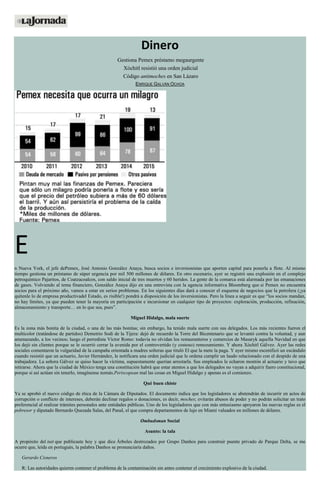 Dinero
Gestiona Pemex préstamo megaurgente
Xóchitl resistió una orden judicial
Código antimoches en San Lázaro
ENRIQUE GALVÁN OCHOA
E
n Nueva York, el jefe dePemex, José Antonio González Anaya, busca socios e inversionistas que aporten capital para ponerla a flote. Al mismo
tiempo gestiona un préstamo de súper urgencia por mil 500 millones de dólares. En otro escenario, ayer se registró una explosión en el complejo
petroquímico Pajaritos, de Coatzacoalcos, con saldo inicial de tres muertos y 60 heridos. La gente de la comarca está alarmada por las emanaciones
de gases. Volviendo al tema financiero, González Anaya dijo en una entrevista con la agencia informativa Bloomberg que si Pemex no encuentra
socios para el próximo año, vamos a estar en serios problemas. En los siguientes días dará a conocer el esquema de negocios que la petrolera (¡ya
quítenle lo de empresa productivadel Estado, es risible!) pondrá a disposición de los inversionistas. Pero la línea a seguir es que “los socios mandan,
no hay límites, ya que pueden tener la mayoría en participación e incursionar en cualquier tipo de proyectos: exploración, producción, refinación,
almacenamiento y transporte… en lo que sea, pues”.
Miguel Hidalgo, mala suerte
Es la zona más bonita de la ciudad, o una de las más bonitas; sin embargo, ha tenido mala suerte con sus delegados. Los más recientes fueron el
multicolor (tratándose de partidos) Demetrio Sodi de la Tijera: dejó de recuerdo la Torre del Bicentenario que se levantó contra la voluntad, y aun
amenazando, a los vecinos; luego el perredista Víctor Romo: todavía no olvidan los restauranteros y comercios de Masaryk aquella Navidad en que
los dejó sin clientes porque se le ocurrió cerrar la avenida por el controvertido (y costoso) remozamiento. Y ahora Xóchitl Gálvez. Ayer las redes
sociales comentaron la vulgaridad de la campaña orientada a madres solteras que tituló El que la mete la paga. Y ayer mismo escenificó un escándalo
cuando resistió que un actuario, Javier Hernández, le notificara una orden judicial que le ordena cumplir un laudo relacionado con el despido de una
trabajadora. La señora Gálvez se quiso hacer la víctima, supuestamente querían arrestarla. Sus empleados le echaron montón al actuario y tuvo que
retirarse. Ahora que la ciudad de México tenga una constitución habrá que estar atentos a que los delegados no vayan a adquirir fuero constitucional,
porque si así actúan sin tenerlo, imagínense nomás.Periscopean mal las cosas en Miguel Hidalgo y apenas es el comienzo.
Qué buen chiste
Ya se aprobó el nuevo código de ética de la Cámara de Diputados. El documento indica que los legisladores se abstendrán de incurrir en actos de
corrupción o conflicto de intereses, deberán declinar regalos o donaciones, es decir, moches; evitarán abusos de poder y no podrán solicitar un trato
preferencial al realizar trámites personales ante entidades públicas. Uno de los legisladores que con más entusiasmo apoyaron las nuevas reglas es el
pobresor y diputado Bernardo Quezada Salas, del Panal, el que compra departamentos de lujo en Miami valuados en millones de dólares.
Ombudsman Social
Asunto: la tala
A propósito del tuit que publicaste hoy y que dice Árboles destrozados por Grupo Danhos para construir puente privado de Parque Delta, se me
ocurre que, leída en portugués, la palabra Danhos se pronunciaría daños.
Gerardo Cisneros
R: Las autoridades quieren contener el problema de la contaminación sin antes contener el crecimiento explosivo de la ciudad.
 