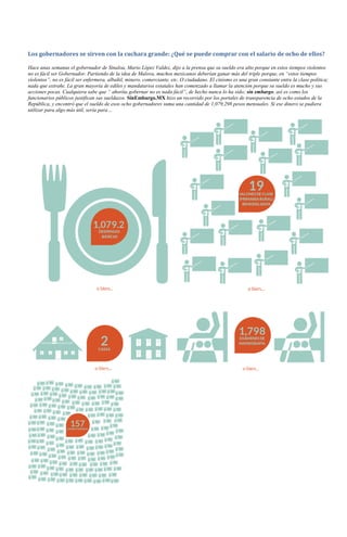 Los gobernadores se sirven con la cuchara grande: ¿Qué se puede comprar con el salario de ocho de ellos?

Hace unas semanas el gobernador de Sinaloa, Mario López Valdez, dijo a la prensa que su sueldo era alto porque en estos tiempos violentos
no es fácil ser Gobernador. Partiendo de la idea de Malova, muchos mexicanos deberían ganar más del triple porque, en “estos tiempos
violentos”, no es fácil ser enfermera, albañil, minero, comerciante, etc. O ciudadano. El cinismo es una gran constante entre la clase política;
nada que extrañe. La gran mayoría de ediles y mandatarios estatales han comenzado a llamar la atención porque su sueldo es mucho y sus
acciones pocas. Cualquiera sabe que “ ahorita gobernar no es nada fácil”, de hecho nunca lo ha sido; sin embargo, así es como los
funcionarios públicos justifican sus sueldazos. SinEmbargo.MX hizo un recorrido por los portales de transparencia de ocho estados de la
República, y encontró que el sueldo de esos ocho gobernadores suma una cantidad de 1,079,298 pesos mensuales. Si ese dinero se pudiera
utilizar para algo más útil, sería para…
 