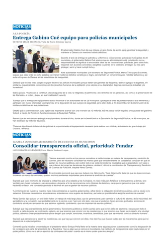 A LA POLICÍA

Entrega Gabino Cué equipo para policías municipales
OCTAVIO VÉLEZ ASCENCIO/Foto de Mario Jiménez Leyva



                                                      El gobernador Gabino Cué dijo que integra un gran frente de acción para garantizar la seguridad y
                                                      mantener a Oaxaca con menores índices delictivos.

                                                      Durante el acto de entrega de patrullas y uniformes a corporaciones policíacas municipales de 28
                                                      municipios, el gobernador Gabino Cué sostuvo que su administración está cumpliendo con su
                                                      responsabilidad de dignificar la encomiable labor de las corporaciones policíacas, pero sobre todo,
                                                      responde con acciones concretas y tangibles a quienes en lo cotidiano, arriesgan su vida para
                                                      proteger, servir y hacer cumplir la Ley.

                                                       Ante autoridades municipales y el secretario de Seguridad Pública, Marco Tulio López Escamilla,
expuso que estar entre los ocho estados con menor incidencia delictiva constituye un logro, pero también un compromiso para redoblar esfuerzos y así
evitar el ingreso de Oaxaca en las estadísticas de inseguridad.

Destacó que en esta tarea juegan un papel decisivo las policías municipales porque deben ser garantes de disciplina y estricto apego a la legalidad, sin
olvidar su inquebrantable compromiso con los derechos humanos de la población y los valores en su diaria labor, bajo las premisas de la lealtad y la
honestidad.

Estos apoyos, "mucho van a contribuir a la salvaguarda de la vida, la integridad, el patrimonio y los derechos de las personas, así como a la preservación de
las libertades, el orden y la paz en sus localidades", apuntó.

Subrayó que la entrega del equipamiento busca incentivar a las autoridades de los 28 municipios y prosigan la tarea de profesionalizar a sus elementos y
participen con mayor intensidad y compromiso en la depuración de sus cuerpos de seguridad, pero sobre todo, a fin de contribuir en la disminución de la
incidencia delictivas en sus poblaciones.

Detalló que su administración pudo lograr este importante avance con una inversión de 13 millones 300 mil pesos con el respaldo presupuestal del gobierno
federal, a través del Fondo de Aportaciones para la Seguridad Pública.

Resaltó que en esta tercera entrega de equipamiento durante el año, donde se ha beneficiado a la Secretaría de Seguridad Pública y a 48 municipios, se
han destinado 62 millones de pesos.

"Estamos dignificando la labor de las policías al proporcionarles el equipamiento necesario para realizar con mística y entusiasmo su gran trabajo por
Oaxaca", remarcó.




LLAMA A CONSOLIDAR RENDICIÓN DE CUENTAS EN MUNICIPIOS

Consolidar transparencia oficial, prioridad: Fundar
LUIS IGNACIO VELÁSQUEZ/Foto: Mario Jiménez Leyva



                                         “Hemos avanzado mucho en los marcos normativos e institucionales en materia de transparencia y rendición de
                                         cuentas, pero es necesario consolidar los mismos para que verdaderamente los ciudadanos conozcan en qué se
                                         gastan los recursos públicos, pero sobre todo si se están teniendo los resultados que se esperaban, con base a
                                         qué criterios de toman las decisiones de gobierno, etcétera”, afirmó la coordinadora de Transparencia y Rendición
                                         de Cuentas de FUNDAR, Haydee Pérez Garrido.

                                       En entrevista reconoció que para eso todavía nos falta mucho, “hace falta mucho tratar de que las leyes convivan,
fortalecer un marco de sanciones; quedan muchos pendientes importantes para alcanzar la rendición de cuentas”.

Expresó que ya es momento de empezar a voltear los ojos a los estados y los municipios, no nada más para fortalecer la transparencia y demás, sino
también para hacer ciudadanía, para empoderar a la gente a fin de reconocernos como titulares de derechos, para que no pensemos que nos están
haciendo un favor, una concesión graciosa al decirnos en que se gastan los recursos públicos.

“La información es nuestra y nosotros nada más contratamos a nuestros gobernantes y ellos tienen la obligación de rendirnos cuentas, pero a veces no lo
sabemos. Entonces necesitamos empoderarnos, entendernos como sujetos de derechos y así estar en posibilidad de exigir la rendición de cuentas”.

Pérez Garrido dijo que por un lado debe haber un trabajo de más largo plazo, que es generacional, para cambiar la cultura del secreto, de la impunidad, del
gandallismo y la corrupción, que probablemente no lo vamos a ver; “pero por otro lado, creo que sí podemos hacer acciones puntuales, acciones de
contraloría social para empezar ver que estamos vigilando, controlando, que nos importan los asuntos públicos”.

Subrayó que hay una resistencia de los gobernantes y funcionarios públicos a rendir cuentas pero que no nos debe de asombrar, eso pasa en todo el
mundo, a nadie le gusta ser controlado, vigilado, así que tenemos que convivir con las resistencias, lo que tenemos que hacer es no dejarlo a la voluntad
política, debemos crear procedimientos que se tengan que cumplir, sanciones, incentivos, sensibilizar, para que se entienda como un derecho humano”.

Expresó que siempre van a existir las resistencias, así que hay que convivir con ellas, más bien hay que buscar cuáles son los mecanismos para que no
dependa de la voluntad política.

Comentó que la iniciativa presentada por el presidente electo Enrique Peña Nieto en la materia tiene algunas puntos cuestionables como la designación de
los consejeros por parte del presidente de la República, “eso es algo que ya vemos en los estados, los institutos de transparencia están capturadas por el
poder político, cómo van a ser un ejercicio de contrapeso del poder, cuando es el mismo poder quien los designa”.
 