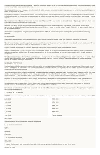 El representante de una veintena de cooperativas y pequeños productores asevera que de los programas diseñados y etiquetados para industria pesquera, “nada
más no hemos recibido nada, absolutamente nada”.
Comenta que se incorporaron al programa de modernización de la flota pesquera, porque sus naves son muy viejas, pero no han tenido respuesta ni del gobierno
federal, ni del gobierno del estado.
López Villalobos agrega que esta temporada Estados Unidos decidió cerrar su mercado a los asiáticos, lo que generó un déficit del producto de 37 mil toneladas y
un importante aumento en el precio, pero los oaxaqueños no se pudieron favorecer de la situación porque no cuentan con infraestructura para maquilar y exportar
camarón.
“El precio del camarón en Estados Unidos en este momento es de 280 pesos el kilo y aquí nosotros lo estamos dando en 140 pesos, por no tener la planta y eso
le pega a la economía de los productores y pescadores”.
Manifiesta que Oaxaca ocupaba el cuarto lugar a nivel nacional en la producción de camarón, pero ahora cayó al lugar 14 y el producto lo van a seguir
aprovechando las flotas de Sonora y Sinaloa que ingresan más de 150 barcos a pescar en nuestras costas, “todo por el abandono de que hemos sido objeto de
los tres niveles de gobierno”.
“Necesitamos que los gobiernos pongan más atención para modernizar la flota, la infraestructura, porque con ello podrían generarse miles de empleos y
alimentos”.
EL EMPRESARIO
El empresario pesquero Ignacio Pérez Cervantes reconoce que la crisis en el sector es bastante fuerte, “que lo único que nos permite es sobrevivir”.
“En esta temporada lo que nos salvó es que hubo escasez y, por lo tanto, aumentó el precio, pero la verdad nos la vemos dura. El aumento fue de casi un 70 por
ciento, de modo tal que el camarón grande se está vendiendo a 230 o 250 el kilo”.
Expresa que desde la creación de su compañía ha trabajado con recursos propios, sin apoyos de los gobiernos federal o estatal.
Destaca que la temporada fue mala y se agravó más la situación por el derrame de una monoboya de Petróleos Mexicanos (Pemex), ya que la contaminación
redujo aproximadamente el 40 por ciento de la producción de camarón, “lo que nos ayudó fue que se incrementó el precio, pero de otra forma la hubiéramos
pasado mal”.
Pérez Cervantes sostiene que el sector oficial no brinda apoyos a los empresarios del ramo. “El apoyo del gobierno del estado ha sido nulo, no ha habido nada; el
gobierno federal tampoco nos apoya, entonces nadie se arriesga a invertir en el agua. Todos los proyectos que hemos presentado no han sido aprobados, a
pesar de las fuentes de trabajo que mantenemos”.
EL PEQUEÑO PROPIETARIO
Francisco Carlock Villalobos, pequeño empresario del ramo, califica de preocupante el precio del diesel. “Para sacar un barco a pescar 25 días hay que ponerle
de 450 a 500 mil pesos de combustible y si no se captura la cantidad suficiente de camarón, pues se pierde una buena cantidad de dinero, esto obstaculiza el
mantenimiento de la industria pesquera”.
“Nosotros del gobierno estatal no hemos recibido nada, ni para avituallamiento, reparación de las naves, nada. El gobierno federal nos apoya con una muy buena
cantidad de diesel por conducto de Pemex por los estragos que causa la refinería, nada más donde se rompió la monoboya el año pasado es un área donde
desova el camarón y lo tapó una capa de aceite crudo, lo que mató a la larva y no hemos recibido una indemnización de parte de la Federación”.
Reconoce que la ubicación geográfica de Oaxaca le brinda la oportunidad de desarrollar una industria pesquera competitiva y muy fuerte, “pero es obvio que
nadie tiene interés en ello, no sé porque el gobierno estatal no quiere entender que la pesca es importante para el crecimiento de la entidad y el país”.
Carlock Villalobos reafirma que en Salina Cruz no existe ningún incentivo a la industria pesquera, que aparte de generar un buen ingreso por la venta del
producto, ocupa un importante número de trabajadores y por ende sus familias se benefician.
Puntualiza: de no haber sido por el alto precio del camarón este año toda la flota estuviera en el puerto amarrada, eso nos salvó. Pero quién sabe si la próxima
temporada se repita la situación.
Y EL CAMARÓN… SE DURMIÓ
El 2006 fue un año negro para la producción camaronera, desde entonces la captura no se ha recuperdo, apenas se capturan 2 tercios de los reportado en 2003
2,256 2003
1,899 2004
2,026 2005
1,405 2006
1,184 2007
1,342 2008
1,683 2009
1,767 2010
1,694 2011
1,549 2012
1,572 2013
Fuente: Sagarpa
EL LITORAL
Oaxaca cuenta con de 568 kilómetros de litoral que representa el
5.1 por ciento del total nacional.
FLOTA
48 barcos.
CAPTURA
1 mil 200 toneladas de camarón.
EMPLEOS
7 empleos directos genera cada embarcación y por cada uno de ellos, se generan 6 empleos indirectos, es decir 42 por barco.
CIERRA DE VEDA
 