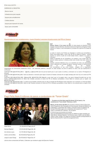 28 de marzo del 2014.
CARENCIAS LA INDUSTRIA
- Barcos nuevos
- Infraestructura para maquilar
- Apoyos para avituallamiento
- Créditos blandos
- Apoyos para reparación de naves
- Apoyo para combustible
Abandonada por sus correligionarios, muere Griselda Lorenzana durante evento del PRI en Oaxaca
Staff EL Piñero
Oaxaca, Oaxaca 23 de marzo de 2014.- En triste situación de abandono murió
Griselda Lorenzana Mendoza, Secretaría General del Organismo de Mujeres Priístas
(OMPRI) en Oaxaca, al caer desmayada en la entrada de la sede del PRI Estatal de
Oaxaca.
La caída no inmutó a los Priístas que integraban la comitiva que acompañaba a
Héctor Anuar Mafud Mafud –nuevo Líder del PRI en estado de Oaxaca-- quienes
siguieron su camino al patio de la sede estatal tricolor y dejaron a su suerte a
Lorenzana Mendoza.
Debido al desinterés de sus compañeros, por auxiliarla y que le fuese dada una
atención médica oportuna, la lidereza priísta murió minutos más tarde, víctima de
infarto cardíaco.
Griselda Lorenzana Mendoza (d.e.p.) se caracterizó por tener una personalidad
crítica y defensora de la equidad de género, buscando siempre el reconocimiento
justo de los derechos de las Mujeres.
Las circunstancias en que murió Griselda --dirigente de la Organización
Independiente de Comerciantes Establecidos (OICE)-- han ocasionado polémica y discusión en redes sociales, tal como se observa en varios Tuits que reproducimos a
continuación.
@QUINTANA_MNS 4 : “@janeth_a: @ilescas1965 Qué mal que les importó poco lo que le pasó a la señora y continuaron con su evento.”//Privilegiamos lo
personal!
@QUINTANA_MNS: Varios se atrevieron a marcarme para negar la muerte de Griselda Lorenzana No se hagan pendejos ella murió hoy en el evento del PRI
#Triste
@QUINTANA_MNS: “@ilescas1965: @QUINTANA_MNS @janeth_a pues diran! aqui no ha pasado nada y que siga la fiestaaa”//Increíble pero así fue!
@carreraOax 20: Muere líder Griselda Lorenzana en evento del PRI en #Oaxaca acompañaba a Anuar Mafud en caravana para su registro (vía
@QUINTANA_MNS)
@QUINTANA_MNS: Y a pesar de que Griselda Lorenzana cayo sin vida a la entrada del PRI #Oaxaca todos continuaron con la caravana y el ritual del registro
@QUINTANA_MNS Muere la líder Griselda Lorenzana en evento del PRI en #Oaxaca acompañaba a Anuar Mafud en una caravana para su registro como
candidato!
Pagó Peña Nieto 9 millones de pesos a conductores de “Tercer Grado”
• El gobierno de Peña Nieto pagó $9 millones 120 mil pesos, a los
conductores de “Tercer Grado” (Televisa), en 2013
Mexico, 22 de marzo del 2014.-De acuerdo al Informe sobre la Ejecución
de los Programas y las Campañas de Comunicación Social del Gobierno de
la República, la Secretaria del Trabajo y Previsión Social. El gobierno de
Enrique Peña Nieto pagó a los conductores del programa de “Tercer
Grado” la cantidad de 9 millones, 120 mil pesos.
El informe que se encuentra en el portal
www.normatividaddecomunicacion.gob.mx detalla los pagos recibidos por
Adela Micha, Denisse Maerker, Ciro Gómez Leyva, Carlos Loret de Mola y
Joaquín López- Doriga. Los pagos de acuerdo al reporte correspondiente al
ejercicio fiscal del 2013, fueron de la siguiente forma:
Adela Micha $1,436,000.38 Página No.67
Denisse Maerker $1,818,000.88 Página No. 66
Ciro Gomez Leyva $1,707,000.52 Página No. 66
Carlos Loret de Mola $2,078,000.82 Página No. 66
Joaquín-López Doriga $2,078,000.82 Página No. 67
Lista de otros conductores de Radio y Televisión que recibieron pagos del Ejecutivo Federal:
 