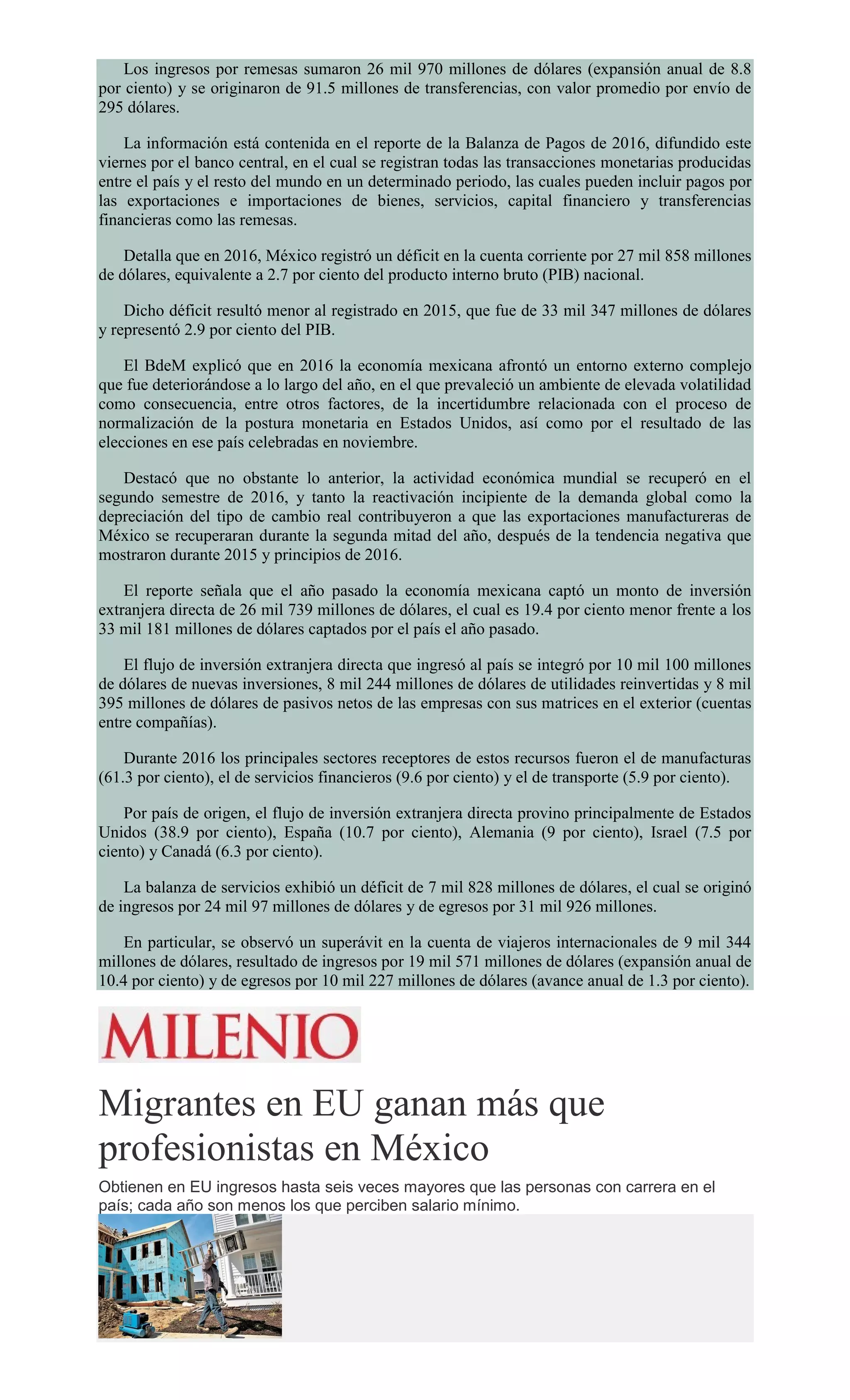 Los ingresos por remesas sumaron 26 mil 970 millones de dólares (expansión anual de 8.8
por ciento) y se originaron de 91.5 millones de transferencias, con valor promedio por envío de
295 dólares.
La información está contenida en el reporte de la Balanza de Pagos de 2016, difundido este
viernes por el banco central, en el cual se registran todas las transacciones monetarias producidas
entre el país y el resto del mundo en un determinado periodo, las cuales pueden incluir pagos por
las exportaciones e importaciones de bienes, servicios, capital financiero y transferencias
financieras como las remesas.
Detalla que en 2016, México registró un déficit en la cuenta corriente por 27 mil 858 millones
de dólares, equivalente a 2.7 por ciento del producto interno bruto (PIB) nacional.
Dicho déficit resultó menor al registrado en 2015, que fue de 33 mil 347 millones de dólares
y representó 2.9 por ciento del PIB.
El BdeM explicó que en 2016 la economía mexicana afrontó un entorno externo complejo
que fue deteriorándose a lo largo del año, en el que prevaleció un ambiente de elevada volatilidad
como consecuencia, entre otros factores, de la incertidumbre relacionada con el proceso de
normalización de la postura monetaria en Estados Unidos, así como por el resultado de las
elecciones en ese país celebradas en noviembre.
Destacó que no obstante lo anterior, la actividad económica mundial se recuperó en el
segundo semestre de 2016, y tanto la reactivación incipiente de la demanda global como la
depreciación del tipo de cambio real contribuyeron a que las exportaciones manufactureras de
México se recuperaran durante la segunda mitad del año, después de la tendencia negativa que
mostraron durante 2015 y principios de 2016.
El reporte señala que el año pasado la economía mexicana captó un monto de inversión
extranjera directa de 26 mil 739 millones de dólares, el cual es 19.4 por ciento menor frente a los
33 mil 181 millones de dólares captados por el país el año pasado.
El flujo de inversión extranjera directa que ingresó al país se integró por 10 mil 100 millones
de dólares de nuevas inversiones, 8 mil 244 millones de dólares de utilidades reinvertidas y 8 mil
395 millones de dólares de pasivos netos de las empresas con sus matrices en el exterior (cuentas
entre compañías).
Durante 2016 los principales sectores receptores de estos recursos fueron el de manufacturas
(61.3 por ciento), el de servicios financieros (9.6 por ciento) y el de transporte (5.9 por ciento).
Por país de origen, el flujo de inversión extranjera directa provino principalmente de Estados
Unidos (38.9 por ciento), España (10.7 por ciento), Alemania (9 por ciento), Israel (7.5 por
ciento) y Canadá (6.3 por ciento).
La balanza de servicios exhibió un déficit de 7 mil 828 millones de dólares, el cual se originó
de ingresos por 24 mil 97 millones de dólares y de egresos por 31 mil 926 millones.
En particular, se observó un superávit en la cuenta de viajeros internacionales de 9 mil 344
millones de dólares, resultado de ingresos por 19 mil 571 millones de dólares (expansión anual de
10.4 por ciento) y de egresos por 10 mil 227 millones de dólares (avance anual de 1.3 por ciento).
Migrantes en EU ganan más que
profesionistas en México
Obtienen en EU ingresos hasta seis veces mayores que las personas con carrera en el
país; cada año son menos los que perciben salario mínimo.
 