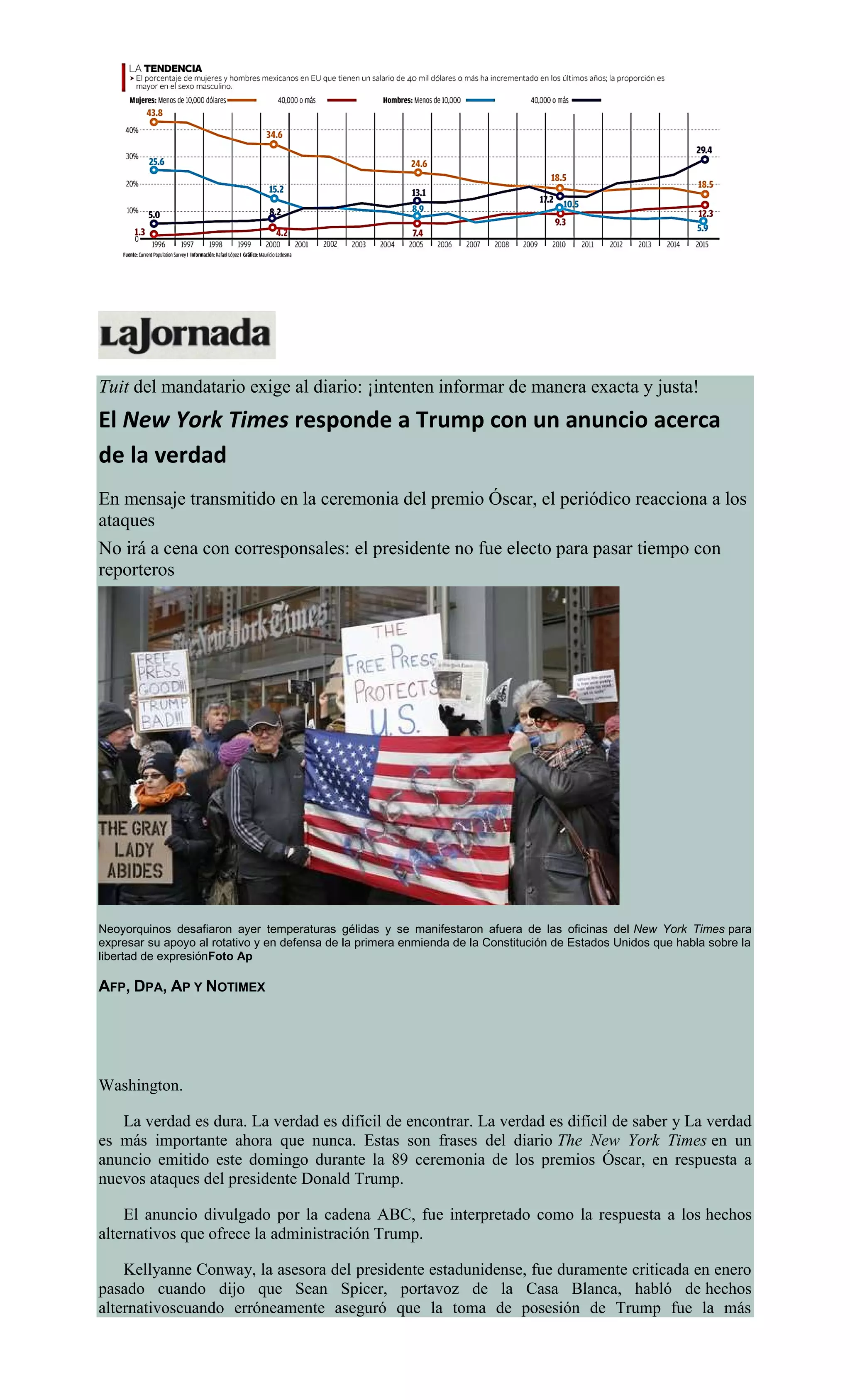 Tuit del mandatario exige al diario: ¡intenten informar de manera exacta y justa!
El New York Times responde a Trump con un anuncio acerca
de la verdad
En mensaje transmitido en la ceremonia del premio Óscar, el periódico reacciona a los
ataques
No irá a cena con corresponsales: el presidente no fue electo para pasar tiempo con
reporteros
Neoyorquinos desafiaron ayer temperaturas gélidas y se manifestaron afuera de las oficinas del New York Times para
expresar su apoyo al rotativo y en defensa de la primera enmienda de la Constitución de Estados Unidos que habla sobre la
libertad de expresiónFoto Ap
AFP, DPA, AP Y NOTIMEX
Washington.
La verdad es dura. La verdad es difícil de encontrar. La verdad es difícil de saber y La verdad
es más importante ahora que nunca. Estas son frases del diario The New York Times en un
anuncio emitido este domingo durante la 89 ceremonia de los premios Óscar, en respuesta a
nuevos ataques del presidente Donald Trump.
El anuncio divulgado por la cadena ABC, fue interpretado como la respuesta a los hechos
alternativos que ofrece la administración Trump.
Kellyanne Conway, la asesora del presidente estadunidense, fue duramente criticada en enero
pasado cuando dijo que Sean Spicer, portavoz de la Casa Blanca, habló de hechos
alternativoscuando erróneamente aseguró que la toma de posesión de Trump fue la más
 