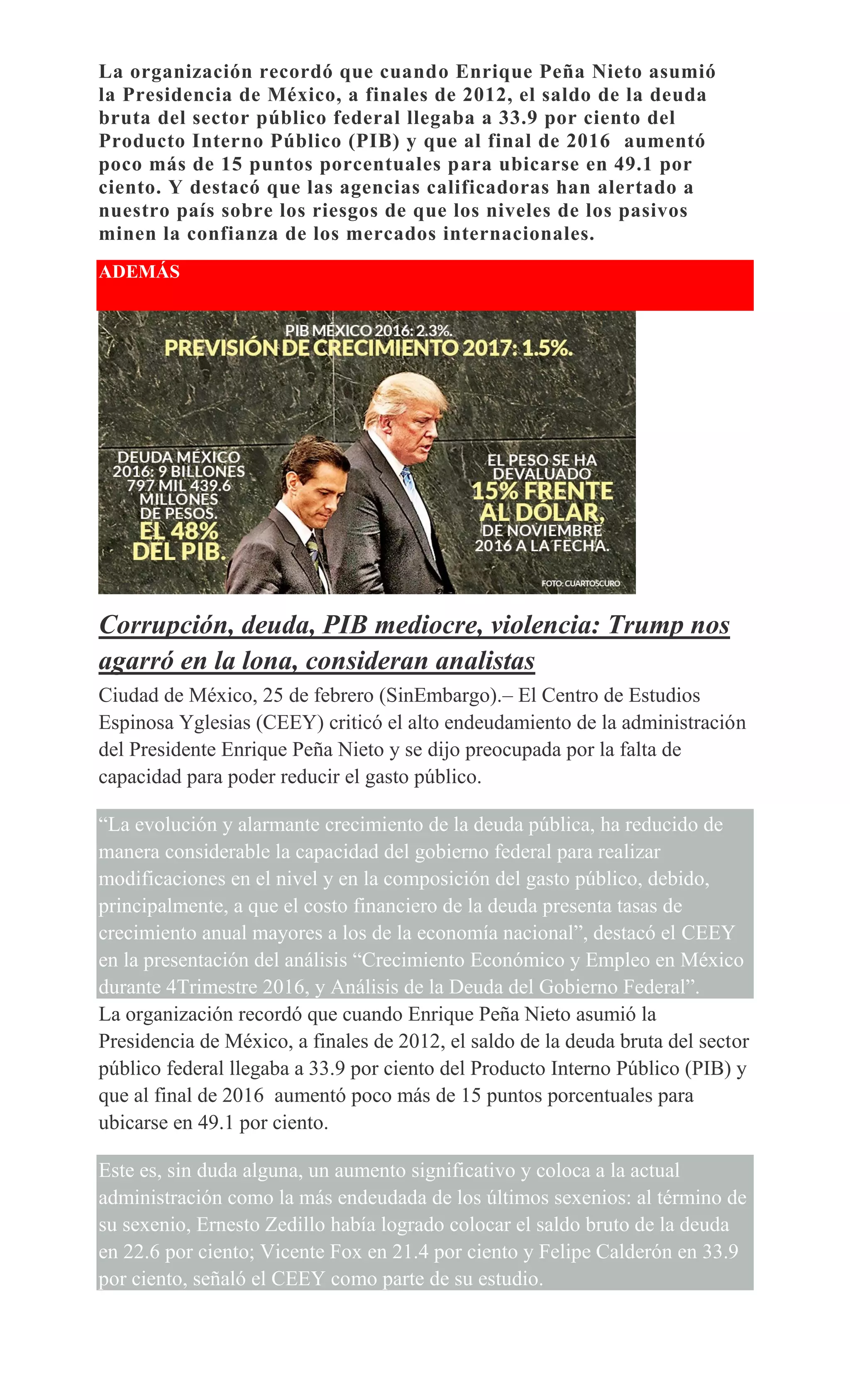 La organización recordó que cuando Enrique Peña Nieto asumió
la Presidencia de México, a finales de 2012, el saldo de la deuda
bruta del sector público federal llegaba a 33.9 por ciento del
Producto Interno Público (PIB) y que al final de 2016 aumentó
poco más de 15 puntos porcentuales para ubicarse en 49.1 por
ciento. Y destacó que las agencias calificadoras han alertado a
nuestro país sobre los riesgos de que los niveles de los pasivos
minen la confianza de los mercados internacionales.
ADEMÁS
Corrupción, deuda, PIB mediocre, violencia: Trump nos
agarró en la lona, consideran analistas
Ciudad de México, 25 de febrero (SinEmbargo).– El Centro de Estudios
Espinosa Yglesias (CEEY) criticó el alto endeudamiento de la administración
del Presidente Enrique Peña Nieto y se dijo preocupada por la falta de
capacidad para poder reducir el gasto público.
“La evolución y alarmante crecimiento de la deuda pública, ha reducido de
manera considerable la capacidad del gobierno federal para realizar
modificaciones en el nivel y en la composición del gasto público, debido,
principalmente, a que el costo financiero de la deuda presenta tasas de
crecimiento anual mayores a los de la economía nacional”, destacó el CEEY
en la presentación del análisis “Crecimiento Económico y Empleo en México
durante 4Trimestre 2016, y Análisis de la Deuda del Gobierno Federal”.
La organización recordó que cuando Enrique Peña Nieto asumió la
Presidencia de México, a finales de 2012, el saldo de la deuda bruta del sector
público federal llegaba a 33.9 por ciento del Producto Interno Público (PIB) y
que al final de 2016 aumentó poco más de 15 puntos porcentuales para
ubicarse en 49.1 por ciento.
Este es, sin duda alguna, un aumento significativo y coloca a la actual
administración como la más endeudada de los últimos sexenios: al término de
su sexenio, Ernesto Zedillo había logrado colocar el saldo bruto de la deuda
en 22.6 por ciento; Vicente Fox en 21.4 por ciento y Felipe Calderón en 33.9
por ciento, señaló el CEEY como parte de su estudio.
 