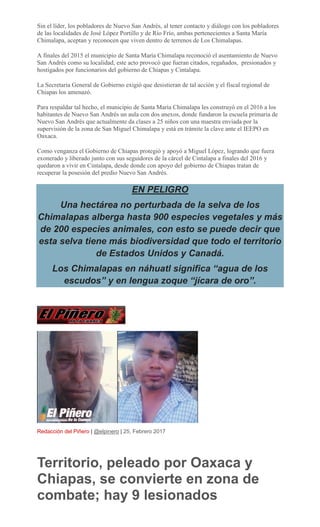 Carlos Tirado
Santa María Chimalapa, Oaxaca.- Se reportó agresión a colonos de Nuevo San Andrés
agencia de Santa María Chi...