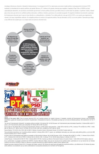 estratégico del proceso electoral y llamado al abstencionismo. La estrategia de la S-22 es operar para acrecentar el poder político y presupuestal de la misma CNTE
mediante la consolidación de espacios políticos del partido Morena y PT. Gabino no los puede controlar para respaldar e impulsar a Pepe Toño, el IEEPO no tiene
capacidad para detenerlos, son una fuerza social latente que deviene en fuerza política electoral, que deben tomar en cuenta todos los partidos, el gobierno estatal y federal
para evitar actos que deriven en conflictos político electorales, conflictos violentos y presiones a la sociedad oaxaqueña. El magisterio disidente tiene derecho a participar
de la democracia electoral, pero lo que no tiene derecho es a obstaculizarla y violentarla. No se debe perder de vista que la S22 CNTE, es en esencia una organización
clasista y de masas izquierdistas radicales. En campañas políticas la esencia es la operación política, Dar por derrotada a la S22, es un error político. Panorama que obliga
a una reflexión de un poder que se va a dejar sentir en el proceso electoral local.
En año electoral, 12 partidos políticos gastarán 198.8 millones de pesos
Jaime GUERRERO
Oaxaca, 27 de enero, 2016.- Para el proceso electoral 2015, los 9 partidos políticos con registro nacional y 3 estatales, recibirán de financiamiento ordinario, para actividades
específicas y gastos de campaña para la elección de gobernador, 25 diputados de mayoría y 153 alcaldes que rigen por la vía de los institutos políticos, 198 millones 841 mil 743.17
pesos.
Tan solo de Financiamiento OrdinarioÂ los partidos políticos recibirán 129 millones 961 mil 923.64 pesos; de Financiamiento para Actividades Específica, 3 millones 898 mil 857.71
pesos; y de Financiamiento público para campañas, 64 millones 980 mil 961.82 pesos.
De los más de 129 millones 961 mil pesos de financiamiento ordinario, el PAN recibirá mensualmente, 1 millón 359 mil 823.38; el PRI, 2 millones 775 mil 808.35; el PRD, 1 millón
860 mil 798.43; el PT, 588 mil 763.61; el PVEM, 572 mil 373.25; el MC, 861 mil 698.82; el PUP, 848 mil 158.95.
Nueva Alianza, 718 mil 461.28; el PSD, 594 mil 464.61; Morena, Encuentro Social y Renovación Social, 216 mil 603.21 pesos cada uno.
Para actividades específicas, los 12 partidos políticos recibirán 3 millones 898 mil 857.71 pesos, con cantidades mensuales que varían para cada partido político y van de los 999
mil 291.02 pesos a los 77 mil 977.15 pesos.
En tanto, para el Financiamiento para gastos de campaña, el PAN recibirá 8 millones 158 mil 940.26 pesos; el PRI, 16 millones 654 mil 850.12; el PRD, 11 millones 164 mil 790.61;
el PT, 3 millones 532 mil 581.68; el PVEM, 3 millones 434 mil 239.50; el MC, 5 millones 170 mil 192.90; Nueva Alianza, 4 millones 310,767.70.
Unidad Popular, 5 millones 88 mil 953.70; PSD, 3 millones 566 mil 787.66; mientras que Morena, Renovación Social y Encuentro Social, 1 millón 299 mil 619.23 pesos, cada uno.
En su oportunidad, el consejero presidente del IEEPCO, Gustavo Meixuiero Nájera, dijo que los recursos de los partidos están sustentados en la Ley General de los Partidos
Políticos, así como el CIPPEEO y tienen un cálculo en una base nacional por el padrón electoral y salario mínimo vigente al año.
Destacó que para el ejercicio fiscal 2016, el Congreso del Estado, autorizó 180 millones de pesos para prerrogativas de partidos políticos, y las diferencia de 18 millones de pesos,
serán pedida en una ampliación que ya viene contemplada en la propuesta analizada por la Comisión de Prerrogativas.
 