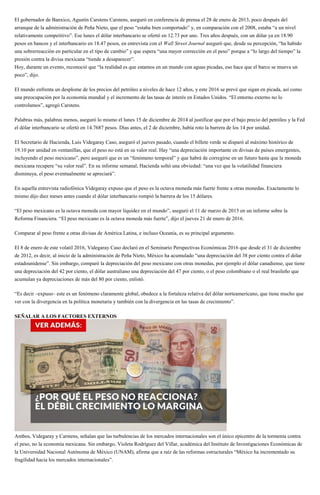 El gobernador de Banxico, Agustín Carstens Carstens, aseguró en conferencia de prensa el 28 de enero de 2013, poco después del
arranque de la administración de Peña Nieto, que el peso “estaba bien comportado” y, en comparación con el 2008, estaba “a un nivel
relativamente competitivo”. Ese lunes el dólar interbancario se ofertó en 12.73 por uno. Tres años después, con un dólar ya en 18.90
pesos en bancos y el interbancario en 18.47 pesos, en entrevista con el Wall Street Journal aseguró que, desde su percepción, “ha habido
una sobrerreacción en particular en el tipo de cambio” y que espera “una mayor corrección en el peso” porque a “lo largo del tiempo” la
presión contra la divisa mexicana “tiende a desaparecer”.
Hoy, durante un evento, reconoció que “la realidad es que estamos en un mundo con aguas picadas, eso hace que el barco se mueva un
poco”, dijo.
El mundo enfrenta un desplome de los precios del petróleo a niveles de hace 12 años, y este 2016 se prevé que sigan en picada, así como
una preocupación por la economía mundial y el incremento de las tasas de interés en Estados Unidos. “El entorno externo no lo
controlamos”, agregó Carstens.
Palabras más, palabras menos, aseguró lo mismo el lunes 15 de diciembre de 2014 al justificar que por el bajo precio del petróleo y la Fed
el dólar interbancario se ofertó en 14.7687 pesos. Días antes, el 2 de diciembre, había roto la barrera de los 14 por unidad.
El Secretario de Hacienda, Luis Videgaray Caso, aseguró el jueves pasado, cuando el billete verde se disparó al máximo histórico de
19.10 por unidad en ventanillas, que el peso no está en su valor real. Hay “una depreciación importante en divisas de países emergentes,
incluyendo el peso mexicano”, pero aseguró que es un “fenómeno temporal” y que habrá de corregirse en un futuro hasta que la moneda
mexicana recupere “su valor real”. En su informe semanal, Hacienda soltó una obviedad: “una vez que la volatilidad financiera
disminuya, el peso eventualmente se apreciará”.
En aquella entrevista radiofónica Videgaray expuso que el peso es la octava moneda más fuerte frente a otras monedas. Exactamente lo
mismo dijo diez meses antes cuando el dólar interbancario rompió la barrera de los 15 dólares.
“El peso mexicano es la octava moneda con mayor liquidez en el mundo”, aseguró el 11 de marzo de 2015 en un informe sobre la
Reforma Financiera. “El peso mexicano es la octava moneda más fuerte”, dijo el jueves 21 de enero de 2016.
Comparar al peso frente a otras divisas de América Latina, e incluso Oceanía, es su principal argumento.
El 8 de enero de este volatil 2016, Videgaray Caso declaró en el Seminario Perspectivas Económicas 2016 que desde el 31 de diciembre
de 2012, es decir, al inicio de la administración de Peña Nieto, México ha acumulado “una depreciación del 38 por ciento contra el dólar
estadounidense”. Sin embargo, comparó la depreciación del peso mexicano con otras monedas, por ejemplo el dólar canadiense, que tiene
una depreciación del 42 por ciento, el dólar australiano una depreciación del 47 por ciento, o el peso colombiano o el real brasileño que
acumulan ya depreciaciones de más del 80 por ciento, enlistó.
“Es decir –expuso– este es un fenómeno claramente global, obedece a la fortaleza relativa del dólar norteamericano, que tiene mucho que
ver con la divergencia en la política monetaria y también con la divergencia en las tasas de crecimiento”.
SEÑALAR A LOS FACTORES EXTERNOS
Ambos, Videgaray y Carstens, señalan que las turbulencias de los mercados internacionales son el único epicentro de la tormenta contra
el peso, no la economía mexicana. Sin embargo, Violeta Rodríguez del Villar, académica del Instituto de Investigaciones Económicas de
la Universidad Nacional Autónoma de México (UNAM), afirma que a raíz de las reformas estructurales “México ha incrementado su
fragilidad hacia los mercados internacionales”.
 