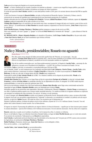 Nuño goza de un lugar privilegiado en el corazón presidencial.
Meade —el único cardenal que ha cruzado el pantano sin manchar su plumaje— conserva una magnífica imagen pública, que puede
crecer más como responsable del combate a la pobreza en tiempos de cólera económico.
El arribo del queretano José Calzada, también, es una señal política rumbo a 2018, pese a la reciente derrota electoral del PRI en aquella
entidad.
A otro nivel leemos el enroque de Rosario Robles, enviada a la Secretaría de Desarrollo Agrario, Territorial y Urbano, como la
reiteración de un mensaje de equilibrio por la participación de una funcionaria progresista en el gabinete.
Ningún sobresalto provoca la llegada de Enrique de la Madrid a Turismo yRafael Pacchiano a Medio Ambiente, esposo de Alejandra
Lagunes, poderosa responsable de las redes sociales en Los Pinos.
Claudia Ruiz Massieu llega a la cancillería con una misión muy clara: recomponer la imagen del país en el exterior, como lo hizo con la
marca “México”. El nombramiento de Ruiz Massieu ha causado sorpresa e inquietud en el Servicio Exterior. ¿Peña Nieto le baja nivel a
la cancillería?
Jesús Murillo Karam y Enrique Martínez y Martínez podrían integrarse a cargos de alto nivel en el PRI.
Salvo una catástrofe, con estos “guapos” y “guapas” se la llevará Peña Nietohasta el momento del “destape”… y para afianzar el final de
su mandato.
EL MONJE LOCO: a Monte Alejandro Rubido no lo despidió el Presidente, fueEl Chapo. Emilio Chuayffet se fue por mala salud
y Juan José Guerra Abud, por un túnel trasatlántico que termina en Roma.
Twitter: @JoseCardenas1
www.josecardenas.com
NuñoyMeade,presidenciables;Rosarionoaguantó
Martín Moreno 28/08/2015 00:06
Dos años cuatro meses después de haber pronunciado aquella frase del “Rosario, no te preocupes... hay que
aguantar”, Enrique Peña Nieto decidió no aguantar más y, ante los nulos resultados en el combate contra la pobreza, decidió
relevar a la experredista en Sedesol y encabezar así los tan cacareados cambios en el gabinete.
Pero de los cambios anunciados ayer, uno llama poderosamente la atención: la llegada de Aurelio Nuño —personaje de alta
influencia y cercanía con el Presidente de la República— a la SEP. De Los Pinos a secretario de Estado. Con un
movimiento, Nuño se convierte, en automático, en presidenciable para 2018 por el PRI.
Así, la llamada “tríada” ya está compuesta por tres cardenales presidenciables:Luis Videgaray, Osorio Chong y Aurelio Nuño, sobre
quien caerán reflectores y atenciones al sustituir a Emilio Chuayffet en Educación. El cuarto suspirantepriista es Manlio Fabio
Beltrones. Se abre así, aún más, la baraja dentro del PRI. Manlio tiene competencia.
Sorprendió la salida de José Antonio Meade de la SRE. Va a Sedesol, también con la etiqueta de presidenciable. Meade se ha
consolidado dentro del gabinete peñista.
Claudia Ruiz Massieu deja Turismo y en su lugar llega un hijo de expresidente:Enrique de la Madrid. La hija del victimado José
Francisco y sobrina deCarlos Salinas es nombrada canciller sin ser diplomática de carrera. Es abogada. En la SRE tendrá mayores
responsabilidades y es una de las cartas del salinismo para 2018.
Otro de los movimientos cantados fue el del fiscal antisecuestro Renato Sales Heredia, quien llega como comisionado nacional de
Seguridad en lugar deMonte Alejandro Rubido, quien cae fulminado por el efecto Chapo.
Intocables quedan las dos posiciones más importantes: Hacienda y Gobernación. Mientras Videgaray y Osorio Chong se mantengan en
sus sillas, el gobierno peñista seguirá con el mismo rumbo mostrado hasta hoy. Un cambio de fondo en el régimen solamente se explicaría
con enroques en cualquiera de estas secretarías. No será así. Al menos, en este momento.
Y como la pongan, pero Rosario Robles no pudo con el paquete en Desarrollo Social. Demasiada retórica y pose, con poca efectividad.
Si alguien creyó que con una política supuestamente de “izquierda” (a discusión y en entredicho) el combate a la pobreza sería de mayor
eficacia, se equivocó. Robles fracasó. Allí están las cifras y los escenarios que lo demuestran así:
Durante el gobierno peñista, el número de pobres creció en dos millones, al pasar de 53.3 a 55.3 millones (fuente: Coneval). Tres mil
pobres más a diario durante el actual sexenio. Eso se llama derrota.
El ingreso no mejoró. El porcentaje de población con ingreso inferior a la línea de bienestar —aquella que no tiene recursos para comprar
la canasta alimentaria— pasó de 60.6 millones a 63.8 millones de mexicanos. Uno de cada dos mexicanos. Son las cifras de la vergüenza.
Rosario, nada más, no pudo con el combate a la pobreza. Así lo marcan las cifras. Lo demás es verborrea.
Hoy se va de Sedesol y llega a ese laberinto burocrático llamado Sedatu, en lugar de Jesús Murillo Karam, que se va aún más cansado.
Es un premio de consolación. Nada pasará ya con Rosario la experredista.
José Calzada, el gobernador priista de Querétaro que fue derrotado en las elecciones del 7 de junio por el PAN, asume como secretario
de Agricultura, en sustitución de Enrique Martínez y Martínez.
Rafael Pachiano a Semarnat, mientras que Juan José Guerra se va de embajador a Italia.
Esos son los cambios... y sus significados.
Aurelio Nuño y José Antonio Meade ya son presidenciables.
TW: @_martinmoreno
FB / Martin Moreno
 