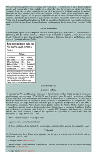 Petróleos Mexicanos reportó ayer un resultado neto positivo por 121 mil millones de pesos durante el primer
semestre del presente año. ‘‘Este resultado no se observaba –dice la petrolera que dirige José Antonio
González– desde hace 14 años, cuando la empresa inició sus reportes a la Bolsa Mexicana de Valores’’.
Asimismo, por tercer trimestre consecutivo Pemex registró utilidades, hecho que no sucedía desde 2006. El
resultado se basa –explica– en las políticas implementadas por la actual administración para mejorar la
eficiencia y rentabilidad de la empresa, lo que constituye un cambio fundamental en la visión de negocios de
Pemex. Una de estas políticas fue el despido de 12 mil trabajadores. Paralelamente, redes sociales mostraron a
un supuesto hijo del líder Carlos Romero Deschamps exhibiéndose en Europa en un Ferrari color oro. Así las
cosas.
El error de diciembre
Mañana sábado, a partir de las 5:00 pm en televisión abierta digital por Adn40, (canal 1.2 en el interior de la
República y 40.1 del valle de México), TvAzteca volverá a transmitir el programa El error. Ficción, miedo,
debacle. Trata sobre la crisis financiera, política y social que se desató días después de que Salinas de Gortari
entregó la Presidencia a Ernesto Zedillo.
Ombudsman Social
Asunto: El hallazgo
Fui trabajador de Petróleos Mexicanos; mi nombre es Víctor Manuel Garduza Rueda, geólogo de profesión, y
trabajé para esta gran empresa de 1978 a 2008, 30 años de servicio a cargo del control y seguimiento geológico
de la perforación de pozos exploratorios, delimitadores y de desarrollo en la región marina. Pues bien, quiero
decirle que una noticia que han difundido al pueblo de México es una gran mentira. La compañía ENI no ha
descubierto nada; el Campo Amoca fue descubierto por los Ingenieros de exploración en el año 2003, al
perforar el Pozo Exploratorio Amoca-1, encontrando petróleo en rocas del Plioceno Medio e Inferior; con esto
se cuantificaron reservas, ya que se dispararon cinco intervalos para saber la producción de cada uno de ellos.
(Anexo). Entonces, me pregunto: ¿qué descubrió la compañía ENI? Respuesta: nada.Realmente es triste que
noticias como éstas demeriten la labor de los ingenieros de exploración de Petróleos Mexicanos que
descubrimos el Campo Amoca hace 14 años.
P.D. La reforma energética no sirve para nada.
Ingeniero Víctor Manuel Garduza Rueda
R: Tiene usted razón. Están licitando los campos que de antemano sabían que eran ricos en petróleo y gas.
Twiteratti
En #ReclusorioNorte Javier Duarte sigue vistiendo ropa de marca y corte de pelo. A Mireles lo raparon y
uniformaron ¿Justicia ciega?
Candigato Morris @Oficialmorris
¿Quién pasea un Ferrari dorado en Montecarlo de 2 millones de dólares? Es el hijo de Romero Deschamps.
No te acabes @PRI_Nacional
Compa Zapata @AdolfoZapataMx
 