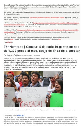 Graciela Bensusán, “Las reformas laborales y el corporativismo mexicano: alternativas en Europa y América Latina”, en Ilán
Bizberg (ed.), México en el espejo latinoamericano. ¿Democracia o crisis?, México, El Colegio de México – Fundación
Konrad Adenauer, 2010, pp. 297-358.
Ilán Bizberg (coord.), Variedades de capitalismo en América Latina: los casos de México, Brasil, Argentina y Chile, México,
El Colegio de México, 2015.
Ilán Bizberg y Francisco Zapata (coords.), Los grandes problemas de México. Movimientos sociales, México, El Colegio de
México, tomo 6, 2010.
Jeff Hermanson y Enrique de la Garza Toledo, “El corporativismo y las nuevas luchas en las maquilas en México: el papel de
las redes internacionales de apoyo”, en Enrique de la Garza Toledo (comp.), Sindicatos y nuevos movimientos sociales en
América Latina, Buenos Aires, CLACSO, 2005, pp. 181-213.
José Gabriel Palma, “Homogeneous middles vs. heterogeneous tails, and the end of the ‘Inverted-U’: the share of the rich is
what it’s all about”, Cambridge Working Papers in Economics núm. 1111, 2011, especialmente el apéndice 2 que trata
específicamente del caso mexicano.
Luis Felipe Munguía Corella, “Productividad y salarios en la industria mexicana”,Paradigmas, julio de 2014,
disponible aquí y “Salario mínimo, utilidades máximas y sindicalismo charro”, disponible acá.
#EnNúmeros | Oaxaca: 4 de cada 10 ganan menos
de 1,300 pesos al mes, abajo de línea de bienestar
Por Alejandra Padilla junio 29, 2016 - 12:00 am • 0 Comentarios
Oaxaca es uno de los estados en donde el conflicto magisterial ha hecho más eco. Este no es un
fenómeno al azar: casi la mitad de sus habitantes perciben un ingreso inferior a la línea de bienestar
mínimo establecida por el Coneval, que señala el monto con el cual una persona es capaz de adquirir
la canasta básica. La pobreza es un detonador de la protesta social. Conocer las condiciones
económicas de este estado hace posible responder preguntas como en qué condiciones viven aquí las
personas y qué motiva a los maestros de estas entidades a hacer plantones, tomar carreteras y no
desistir en esta protesta.
Jóvenes marcharon hacia el campamento de la CNTE ubicado en la Ciudadela para mostrarle su apoyo a la Coordinadora ante el conflicto magisterial. Foto:
Cuartoscuro
Con información de MORLAN
Ciudad de México, 29 de junio (SinEmbargo).– Mientras que en la mayoría del país el ingreso mensual por persona
supera los tres mil pesos, los estados del sur cuentan otra historia: la distribución del ingreso es tan desigual en esta
región que algunos oaxaqueños, chiapanecos, guerrerenses y michoacanos deben vivir con menos de mil pesos cada
mes. El caso de Oaxaca, en donde la semana pasada murieron nueve personas después de un enfrentamiento con la
 
