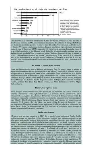 Una encuesta de la consultora internacional KPMG revela que alrededor de siete de cada 10
directivos de empresas en México reprueban el desempeño del gobierno de Enrique Peña Nieto
por el entorno económico que vive el país. Se trata del sondeoPerspectivas de la Alta Dirección
en México 2017, ajeno a partidismos políticos. Hace un año, la nota reprobatoria no fue tan alta:
cuatro de cada 10 directivos. KPMG encuestó a 868 ejecutivos de empresas de todas las ramas de
la actividad económica y de diferente nivel. Coincidió el desafortunado resultado con una
declaración que hizo Peña Nieto en un evento militar: “Quienes digan que vivimos en un país en
crisis… crisis es lo que tienen en sus mentes”. Intentó colgarse de los números de la economía,
pero le son desfavorables. Y las agencias calificadoras de crédito (Fitch, Standard & Poor’s y
Moodys) están considerando bajar la calificación a la deuda soberana del país. ¿Mentes en crisis
o crisis dementes?
En picada, el negocio de los chuchos
Desde que López Obrador dejó el PRD se adivinaba su final. Su quiebra moral y política se
desencadenó cuando loschuchos firmaron el Pacto por México y las sucesivas reformas. Ayer dio
otro paso hacia su desintegración. Doce de los 20 miembros de su representación en el Senado
anunciaron su decisión de abandonar el grupo parlamentario. Son Lorena Cuéllar Cisneros, Fidel
Demédicis Hidalgo, Mario Martín Delgado Carrillo, Rabindranath Salazar Solorio, Benjamín
Robles Montoya, Zoé Robledo Aburto, Alejandro Encinas Rodríguez, Luis Humberto Fernández
Fuentes, Armando Ríos Piter, Raúl Morón Orozco, Luz María Beristain Navarrete y Miguel
Barbosa Huerta.
El muro, hoy expira el plazo
Pocos eslogans fueron cantados con tanta pasión por los partidarios de Donald Trump en la
campaña presidencial como “¡Buildthatwall!” La industria de la construcción estaba
entusiasmada. La Agencia de Aduanas y Protección Fronteriza de Estados Unidos emitió dos
invitaciones para que las compañías presentaran sus propuestas para construir el muro que costará
entre 12 mil y 25 mil millones de dólares. La fecha límite para presentar los proyectos es este
miércoles 29 de marzo. Hay dos ideas: una pared sólida de muro de hormigón y otra
con alternativas al hormigón armado, lo que sugiere que el gobierno todavía no está seguro qué
quiere hacer. Según The Economist,más de 700 empresas se registraron; para sorpresa de
algunos, una de cada 10 pertenece a hispanos.
Productores de maíz
¿De veras sería tan malo renegociar el TLC? Sin el tratado los agricultores de Estados Unidos
tendrían que pagar un arancel de 194 por ciento para exportar maíz hacia nuestro país, ya que
deberían ser aplicadas las reglas de la Organización Mundial de Comercio. Sería ruinoso para los
agricultores estadunidenses. México hallaría nuevos proveedores en Brasil, Argentina y otros
países. Y posiblemente se vería obligado a darle nueva vida al campo, empleando a los paisanos
que serán echados de aquel país. Los agricultores gringos están preocupados por los empeños de
Trump para cambiar el contenido del TLC. De acuerdo con John Heck, presidente de la
Asociación Nacional de Productores de Granos y Alimentos de Estados Unidos,lucharán con
uñas y dientes para preservar el tratado. México compra en la actualidad 98 por ciento de su maíz
a Estados Unidos, y en 2016 las ventas totales de productos agrícolas en general fueron de 17 mil
700 millones de dólares, cinco veces más que cuando el TLC entró en vigor en 1994. México
produce un promedio anual de 23.5 millones de toneladas de maíz en una superficie de 7.5
millones de hectáreas, principalmente dos variedades: blanco y amarillo. El maíz blanco para
consumo humano. El amarillo se destina al procesamiento industrial y a la alimentación animal.
 
