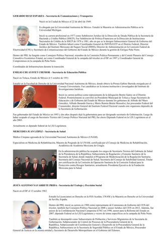 GERARDO RUIZ ESPARZA - Secretaría de Comunicaciones y Transportes

                           Nació en la Ciudad de México el 22 de abril de 1949.

                           Es abogado por la Universidad Autónoma de México. Estudió la Maestría en Administración Pública en la
                           Universidad Michigan.

                          Inició su carrera profesional en 1977 como Subdirector Jurídico de la Dirección de Deuda Pública de la Secretaría de
                          Hacienda y Crédito Público (SHCP). Fue Subdirector de Política Financiera en la Dirección de Instituciones
                          Nacionales de Crédito de la SHCP de 1978 a 1981, año en que se le designó Subsecretario General de Gobierno del
                          Estado de México. También laboró como Coordinador General de INFONAVIT en el Distrito Federal, Director
                          Jurídico del Instituto Mexicano del Seguro Social (IMSS), Director de Administración en la Comisión Federal de
Electricidad (CFE) y Secretario de Comunicaciones del Gobierno del Estado de México durante la gestión de Enrique Peña Nieto.

Dentro del PRI, ha fungido como Consejero Político Nacional, miembro de la Comisión Política Permanente y del Comité Plenario del Consejo
Consultivo Económico Estatal, así como Coordinador General de la campaña del tricolor en el DF en 1997 y Coordinador General de
Compromisos en la campaña de Peña Nieto.

Coordinador de Infraestructura durante la transición.

EMILIO CHUAYFFET CHEMOR – Secretaría de Educación Pública

Nació en Toluca, Estado de México el 3 octubre de 1951.

Estudió en la Facultad de Derecho de la Universidad Nacional Autónoma de México, donde obtuvo la Presea Gabino Barreda otorgada por el
                                             Consejo Universitario. Fue catedrático en la misma institución e investigador del Instituto de
                                             Investigaciones Jurídicas.

                                               Inició su carrera política como representante de la delegación Benito Juárez en el Distrito
                                               Federal. Posteriormente se convirtió en Presidente Municipal de Toluca y luego Secretario de
                                               Educación y de Gobierno del Estado de México durante los gobiernos de Alfredo del Mazo
                                               González, Alfredo Baranda García y Mario Ramón Beteta Monsalve; fue procurador Federal del
                                               Consumidor, director General del Instituto Federal Electoral cuando este organismo dependía de
                                               la Secretaría de Gobernación.

Fue gobernador del Estado de México en 1993 y dos años después dejó la gubernatura para ser designado secretario de Gobernación. Luego de
haber ocupado el cargo de Secretario Técnico del Consejo Político Nacional del PRI, fue electo Diputado Federal en la LIX Legislatura en el
año 2003.

Actualmente es diputado federal de la LXI Legislatura.

MERCEDES JUAN LÓPEZ – Secretaría de Salud

Médico Cirujano egresada de la Universidad Nacional Autónoma de México (UNAM).

Especialista en Medicina de Rehabilitación, Maestra de Posgrado de la UNAM, certificada por el Consejo de Medicina de Rehabilitación,
                                             Académica de Academia Mexicana de Cirugía.

                                               En la administración pública ha ocupado los cargos de Secretaria Técnica del Gabinete de Salud
                                               de la Presidencia de la República; Subsecretaria de Regulación y Fomento Sanitario de la
                                               Secretaría de Salud, donde impulsó el Programa de Modernización de la Regulación Sanitaria;
                                               Secretaria del Consejo Nacional de Salud; Secretaria del Consejo de Salubridad General, Titular
                                               por certificación de la Comisión de Operación Sanitaria de la Comisión Federal para la
                                               Protección contra Riesgos Sanitarios, actualmente Presidenta Ejecutiva de la Fundación
                                               Mexicana para la Salud.




JESÚS ALFONSO NAVARRETE PRIDA - Secretaría del Trabajo y Previsión Social

Nació en el DF el 13 octubre 1963.

                                     Estudió la Licenciatura en Derecho en la FES Acatlán, UNAM y la Maestría en Derecho en la Universidad
                                     de Sevilla, España.

                                     Dentro del PRI, inició su carrera en 1988 como representante de Comisiones de Gobierno del CEN del
                                     tricolor, también fue Consejero Político Nacional en 2008 y asesor Jurídico del CEN en 2012. Además, fue
                                     asesor de la Confederación Nacional Campesina (CNC) en 1996, asesor para la Reforma del Estado en
                                     2007, diputado Federal en la LXI Legislatura y vocero de temas específicos en la campaña de Peña Nieto.

                                     También se desempeñó como Subsecretario de Población y Servicios Migratorios de la Secretaría de
                                     Gobernación, Subprocurador de Control de Procesos de la Procuraduría General de la
                                     República, Subprocurador de Coordinación General y Desarrollo de la Procuraduría General de la
                                     República, Subsecretario en la Secretaría de Seguridad Pública en el Estado de México, Procurador
General de Justicia en la misma entidad y Secretario de Desarrollo Metropolitano en el Gobierno del Edomex.
 