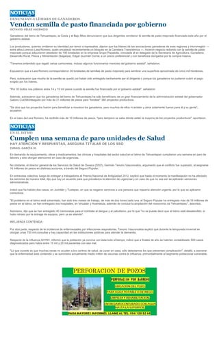 DENUNCIAN A LÍDERES DE GANADEROS

Venden semilla de pasto financiada por gobierno
OCTAVIO VÉLEZ ASCENCIO

Ganaderos del Istmo de Tehuantepec, la Costa y el Bajo Mixe denunciaron que sus dirigentes vendieron la semilla de pasto mejorado financiada este año por el
gobierno estatal.

Los productores, quienes omitieron su identidad por temor a represalias, dijeron que los líderes de las asociaciones ganaderas de esas regiones y microrregión ---
entre ellos Lorenzo Lara Romero, quien encabezó recientemente un bloqueo en la Carretera Transístmica ---, hicieron negocio redondo con la semilla de pasto
mejorado porque adquirieron alrededor de 100 toneladas en la empresa Grupo Papalotla, vinculada al ex delegado de la Secretaría de Agricultura, Ganadería,
Desarrollo Rural, Pesca y Alimentación (Sagarpa), Edgar Guzmán Corral, a un precio preferencial y con beneficios otorgados por la compra masiva.

"Tenemos entendido que regaló varias camionetas, incluso algunos funcionarios menores del gobierno estatal", señalaron.

Expusieron que a Lara Romero correspondieron 30 toneladas de semillas de pasto mejorado para sembrar una superficie aproximada de cinco mil hectáreas.

Pero, subrayaron que mucha de la semilla se quedó por haber sido entregada tardíamente por el dirigente o porque los ganaderos no pudieron cubrir el pago
exigido por los líderes.

"Por 30 bultos nos pidieron entre 14 y 15 mil pesos cuando la semilla fue financiada por el gobierno estatal", señalaron

Además, subrayaron que los ganaderos del Istmo de Tehuantepec ha sido beneficiario de un gran financiamiento de la administración estatal del gobernador
Gabino Cué Monteagudo por más de 21 millones de pesos para "fondear" 380 proyectos productivos.

"Se dice que los proyectos fueron para beneficiar a nosotros los ganaderos, pero muchos de ellos ni existen y otros solamente fueron para él y su gente",
acusaron.

En el caso de Lara Romero, ha recibido más de 10 millones de pesos, "pero tampoco se sabe dónde están la mayoría de los proyectos productivos", apuntaron.




EN EL ISTMO

Cumplen una semana de paro unidades de Salud
HAY ATENCIÓN Y RESPUESTAS, ASEGURA TITULAR DE LOS SSO
ISMAEL GARCÍA M.

En demanda de equipamiento, obras y medicamentos, las clínicas y hospitales del sector salud en el Istmo de Tehuantepec cumplieron una semana en paro de
labores y sólo otorgan atenciones en caso de urgencias.

No obstante, el director general de los Servicios de Salud de Oaxaca (SSO), Germán Tenorio Vasconcelos, argumentó que el conflicto fue superado, al asignarse
16 millones de pesos en distintas acciones, a través del Seguro Popular.

En entrevista colectiva, luego de entregar a trabajadores el Premio Nacional de Antigüedad 2012, explicó que hasta el momento la manifestación no ha afectado
los servicios de manera total; dijo que hay un acuerdo para que prevalezca la atención de urgencias y en caso de que no sea así se aplicarán sanciones
administrativas.

Indicó que ha habido dos casos, en Juchitán y Tuxtepec, en que se negaron servicios a una persona que requería atención urgente, por lo que se aplicaron
correctivos.

"El problema en el Istmo está solventado; han sido tres meses de trabajo, de más de dos horas cada una; el Seguro Popular ha entregado más de 16 millones de
pesos en el Istmo; se han entregado dos hospitales, en Ixhuatán y Huamelula, además de concluir la ampliación del nosocomio de Tehuantepec", describió.

Asimismo, dijo que se han entregado 40 camionetas para el combate al dengue y al paludismo, por lo que "no se puede decir que el Istmo esté desatendido, sí
hubo retraso por la entrega de equipos, pero ya se atiende".

INFLUENZA CONTENIDA

Por otra parte, respecto de la incidencia de enfermedades por infecciones respiratorias, Tenorio Vasconcelos explicó que durante la temporada invernal se
otorgan unas 750 mil consultas y hay capacidad en las instituciones públicas para atender la demanda.

Respecto de la influenza AH1N1, informó que la población ya convive con ésta todo el tiempo; indicó que a finales de año se habrían contabilizado 500 casos
diagnosticados pero había entre 15 mil y 20 mil pacientes con ese mal.

"Lo que sucede es que muchas veces no acuden a los centros de salud, se curan en casa; sólo detectamos los que presentan complicación", detalló, a aseverar
que la enfermedad está contenida y se suministra actualmente medio millón de vacunas contra la influenza, primordialmente al segmento poblacional vulnerable.
 