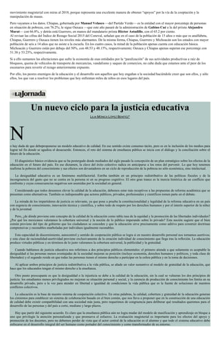 movimiento magisterial con miras al 2018, porque representa una excelente manera de obtener “apoyos” por la vía de la cooptación y la
manipulación de masas.
Pero vayamos a los datos. Chiapas, gobernada por Manuel Velasco —del Partido Verde— es la entidad con el mayor porcentaje de personas
en situación de pobreza, con 76.2%; le sigue Oaxaca —que este año pasará de la administración de Gabino Cué a la del priista Alejandro
Murat— con 66.8%, y detrás está Guerrero, en manos del mandatario priista Héctor Astudillo, con el 65.2 por ciento.
Al revisar las cifras del Índice de Rezago Social 2015 del Coneval, señalan que en el caso de la población de 15 años o más que es analfabeta,
Chiapas, Guerrero y Oaxaca tienen los niveles más alarmantes. De la misma forma, Chiapas, Guerrero y Michoacán son los estados con mayor
población de seis a 14 años que no asiste a la escuela. En los cuatro casos, la mitad de la población apenas cuenta con educación básica.
Michoacán y Guerrero están por debajo del 50%, con 48.53 y 48.15%, respectivamente; Oaxaca y Chiapas apenas superan ese porcentaje con
51.38 y 53.25%, respectivamente.
Si a ello sumamos las afectaciones que sufre la economía de esas entidades por la “paralización” de sus actividades productivas a raíz de
bloqueos, quema de vehículos de transporte de mercancías, vandalismo y saqueo de comercios, no cabe duda que estamos ante el peor de los
escenarios para revertir el rezago anteriormente expuesto.
Por ello, los peores enemigos de la educación y el desarrollo son aquellos que hoy engañan a la sociedad haciéndole creer que son ellos, y sólo
ellos, los que van a resolver los problemas que hoy enfrentan miles de niños en esos lugares del país.
Un nuevo ciclo para la justicia educativa
LILIA MÓNICA LÓPEZ BENÍTEZ*
No hay duda de que debeproponerse un modelo educativo de calidad. En ese sentido existe consenso tácito, pero es en la inclusión de los medios para
lograr tal fin donde se agudiza el desacuerdo. Entonces, el reto del sistema de enseñanza pública se inicia con el diálogo y la conciliación sobre el
futuro de la educación.
El diagnóstico básico evidencia que se ha postergado desde mediados del siglo pasado la concepción de un plan estratégico sobre los efectos de la
educación en el futuro del país. En ese dictamen, la clave del éxito colectivo radica en anticiparse a los retos del porvenir. Lo que hoy tenemos
reafirma la pobreza del conocimiento y sus efectos son devastadores en un ciclo de reproducción de la pobreza no sólo económica, sino intelectual.
La desigualdad educativa es un fenómeno multifactorial. Estriba también en un principio redistributivo de las políticas fiscales y de la
incongruencia del gasto que no se centra en la persona ni en su progreso cognitivo. El otro gran trance es la inercia histórica de un conflicto que
confronta y cuyas consecuencias negativas son asumidas por la sociedad en general.
Considerando que todos deseamos elevar la calidad de la educación, debemos estar más receptivos a las propuestas de reforma académica que se
presentan como alternativas. También es indispensable que actores públicos, privados, profesionales y científicos tomen parte en el debate.
La mirada de los impartidores de justicia es relevante, ya que pone a prueba la constitucionalidad y legalidad de la reforma educativa en un país
con urgencia de conocimiento, innovación técnica y científica, y sobre todo de respeto por los derechos humanos y por el interés superior de la niñez
y de la juventud.
Pero, ¿de dónde proviene este concepto de la calidad de la educación como tabla rasa de la equidad y la promoción de las libertades individuales?
¿Por qué los mexicanos valoramos la cobertura universal y la noción de lo público imperando sobre lo privado? Esta noción sugiere que el bien
común proviene del tipo de gobierno que los ciudadanos se conceden y que la educación sirve precisamente como aditivo para construir doctrinas
comprensivas y razonables enarboladas por individuos igualmente razonables.
Esta capacidad de discernimiento, autocontrol y sentido de cooperación pública se logra si en nuestro desarrollo personal nos tornamos asertivos;
y esta clase de racionalidad-asertividad proviene exclusivamente de la creación individual de conocimiento que llega tras la reflexión. La educación
produce virtudes públicas y en términos de lo justo valoramos la cobertura universal, la publicidad y la gratuidad.
Cuando hablamos de justicia educativa nos referimos a dos principios públicos elementales: el primero atiende a que solamente es aceptable la
desigualdad si las personas menos aventajadas de la sociedad mejoran su posición (incluye economía, derechos humanos y políticos, y toda clase de
libertades) y el segundo reside en que todas las personas tienen el mismo derecho a participar en la esfera pública y en la toma de decisiones.
Al aplicar ambos principios de justicia redistributiva a la vida pública, se añade un valor sustantivo al modelo de gratuidad de la educación, que
hace que los educandos tengan el mismo derecho a la enseñanza.
Otro punto preocupante es que la desigualdad o la injusticia se debe a la calidad de la educación, sin la cual se vulneran los dos principios de
justicia: los estudiantes menos privilegiados no mejoran su situación personal y social, y la carencia de producción de conocimiento los limita en su
desarrollo privado, pero a la vez para atender en libertad e igualdad de condiciones la vida pública que es la fuente de soluciones de nuestros
conflictos colectivos.
La educación es la base de nuestro sistema de cooperación colectivo. En otras palabras, la calidad, cobertura y gratuidad de la educación generan
los cimientos para establecer un sistema de colaboración basado en el bien común, que nos lleva a proponer que en la construcción de una educación
de calidad debe existir compatibilidad con una sociedad más justa, pero requerimos de congruencia para deliberar qué resultados queremos para el
desarrollo de las personas y del país a corto, mediano y largo plazos.
Hay que partir del siguiente acuerdo. Es claro que la enseñanza pública aún no logra mudar del modelo de masificación y aprendizaje en bloque a
uno que privilegie la atención personalizada y que promueva el esfuerzo. La evaluación magisterial es importante para los efectos del apoyo y
promoción de los docentes, pero no debemos perder de vista que el actor central de la educación es el alumno y que todo el sistema educativo debe
enfocarse en el desarrollo integral del ser humano como portador del conocimiento y como transformador de su entorno.
 