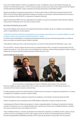 Casos como el Distrito Federal, la ciudad con más población en el país, es emblemático: tiene una de las deudas más grandes, que
asciende a 65 mil 800 millones de pesos, 7 mil 427.30 pesos per cápita, de acuerdo con los datos al tercer trimestre de 2015 del “Reporte
de Deuda Subnacional del IMCO”, basado en indicadores de Secretaría de Hacienda y Crédito Público (SHCP).
Además está reprobado en transparencia presupuestaria con 56 puntos según el índice de Información Presupuestal Estatal 2015 del
IMCO. El Jefe de Gobierno Miguel Ángel Mancera Espinosa, por ejemplo, no ha presentado su declaración patrimonial, de intereses y
fiscal en la plataforma #3de3 del IMCO y la organización Transparencia Mexicana.
Según la información del IMCO, sólo nueve gobernadores han cumplido con el ejercicio de transparencia: Baja California, Campeche,
Colima, Guerrero, Michoacán, Nuevo León, San Luis Potosí y Sonora.
http://infogr.am/radriografia_de_los_estados
Ernesto Gómez Magaña, director Ejecutivo de la organización Participación Ciudadana, dijo que los ciudadanos están demandando un
cambio y la legitimidad de los servidores públicos.
“El hecho de que hasta el día de hoy la transparencia sea un reclamo, quiere decir que los servidores públicos no están
tomando en cuenta como norma de conducta esta petición”, explica.
Los informes sobre la deuda pública y la transparencia presupuestal son básicas, dijo, pero la declaración patrimonial y el conflicto de
interés es por demás, una muestra de querer combatir la opacidad.
“Cómo podemos confiar que se lleve a cabo una buena gestión, si no tenemos los datos personales del Gobernador a cargo”, anota.
En el caso del DF, es una de los lugares que menos creció en el segundo trimestre de 2015, con respecto al mismo periodo de 2014, de
acuerdo con el Inegi con 1.1 por ciento, y posee seis recomendaciones por violaciones a derechos humanos dirigidas al Estado o al Jefe de
Gobierno por la Comisión Nacional de Derechos Humanos (CNDH) entre 2013 y 2015.
LOS ESTADOS DE LOS DUARTE
Javier y César Duarte, los gobernadores de Veracruz y Chihuahua, respectivamente. Fotos: Cuartoscuro
Otra de las entidades que siguen un patrón similar al DF es Veracruz, que tiene una deuda de 37 mil 400 millones de pesos y un
crecimiento de 0.0 por ciento, de acuerdo con datos del Inegi.
El estado que gobierna el priista Javier Duarte de Ochoa es también uno de los más opacos en transparencia presupuestaria con 71 puntos,
en comparación con entidades como Jalisco, Coahuila y Puebla.
El Gobernador Duarte de Ochoa, al igual que la mayoría de los mandatarios, no ha realizado su declaración patrimonial #3de3.
Además, la entidad tiene ocho recomendaciones de la CNDH dirigidas al Gobernador y al estado en el lapso de dos años.
La administración de Duarte de Ochoa está marcada por la violencia, inseguridad, pobreza. Sin embargo, ha minimizado en reiteradas
ocasiones la violencia que se vive en su entidad, llegando incluso a declarar que en Veracruz ya no se hablaba de balaceras y asesinatos,
sino “de que se robaron un Frutsi y unos Pingüinos en el Oxxo”.
“Antes se hablaba de balaceras y asesinatos, de participación de la delincuencia organizada, y hoy hablamos de robos a negocios, de que
se robaron un Frutsi y unos Pingüinos en el Oxxo”, dijo en alguna ocasión. De acuerdo con el Secretariado Ejecutivo del Sistema
Nacional de Seguridad Pública (SESNSP) de diciembre de 2010 a agosto del año pasado en Veracruz hubo 3 mil 136 asesinatos.
 