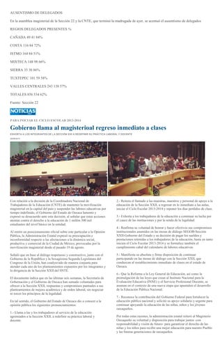 AUSENTISMO DE DELEGADOS
En la asamblea magisterial de la Sección 22 y la CNTE, que terminó la madrugada de ayer, se acentuó el ausentismo de delegados
REGIOS DELEGADOS PRESENTES %
CAÑADA 49 41 84%
COSTA 116 84 72%
ISTMO 164 84 51%
MIXTECA 148 98 66%
SIERRA 35 30 86%
TUXTEPEC 101 59 58%
VALLES CENTRALES 243 138 57%
TOTALES 856 534 62%
Fuente: Sección 22
PARA INICIAR EL CICLO ESCOLAR 2013-2014
Gobierno llama al magisterioal regreso inmediato a clases
EXHORTA A LOS INTEGRANTES DE LA SECCIÓN XXII A REDEFINIR SU PRÁCTICA LABORAL Y DOCENTE
30/09/2013
Con relación a la decisión de la Coordinadora Nacional de
Trabajadores de la Educación (CNTE) de mantener la movilización
magisterial en la capital del país y suspender las labores educativas por
tiempo indefinido, el Gobierno del Estado de Oaxaca lamentó y
expresó su desacuerdo ante esta decisión, al señalar que estas acciones
atentan contra el derecho a la educación de 1 millón 300 mil
estudiantes del nivel básico en la entidad.
Al emitir un posicionamiento oficial sobre este particular a la Opinión
Pública, la Administración Estatal expresó su preocupación e
inconformidad respecto a las afectaciones a la dinámica social,
productiva y comercial de la Ciudad de México, provocadas por la
movilización magisterial desde el pasado 19 de agosto.
Señaló que en base al diálogo respetuoso y constructivo, junto con el
Gobierno de la República y la Sexagésima Segunda Legislatura del
Congreso de la Unión, han coadyuvado de manera conjunta para
atender cada uno de los planteamientos expuestos por los integrantes y
la dirigencia de la Sección XXII del SNTE.
El documento indica que en las últimas seis semanas, la Secretaría de
Gobernación y el Gobierno de Oaxaca han sumado voluntades para
ofrecer a la Sección XXII, respuestas y compromisos puntuales a sus
planteamientos de mejora académica y de orden laboral, sin negociar
ni torcer los principios de la legalidad.
En tal sentido, el Gobierno del Estado de Oaxaca dio a conocer a la
opinión pública los siguientes pronunciamientos:
1.- Llama a las y los trabajadores al servicio de la educación
agremiados a la Sección XXII, a redefinir su práctica laboral y
docente.
2.- Reitera el llamado a las maestras, maestros y personal de apoyo a la
educación de la Sección XXII, a regresar en lo inmediato a las aulas,
iniciar el Ciclo Escolar 2013-2014 y reponer los días perdidos de clase.
3.- Exhorta a los trabajadores de la educación a continuar su lucha por
el cauce de las instituciones y por la senda de la legalidad.
4.- Reafirma su voluntad de honrar y hacer efectivos sus compromisos
institucionales asumidos en las mesas de diálogo SEGOB-Sección
XXII-Gobierno del Estado y su decisión de pagar los sueldos y
prestaciones retenidas a los trabajadores de la educación, hasta en tanto
inicien el Ciclo Escolar 2013-2014 y se formalice también el
cumplimiento cabal del calendario de labores educativas.
5.- Manifiesta su absoluta y firme disposición de continuar
participando en las mesas de diálogo con la Sección XXII, que
conduzcan al restablecimiento inmediato de clases en el estado de
Oaxaca.
6.- Que la Reforma a la Ley General de Educación, así como la
promulgación de las leyes que crean al Instituto Nacional para la
Evaluación Educativa (INNE) y el Servicio Profesional Docente, se
asuman en el contexto de una nueva etapa que apuntalen el desarrollo
de la Educación Pública Nacional.
7.- Reconoce la contribución del Gobierno Federal para fortalecer la
educación pública nacional y solicitó su apoyo solidario y urgente para
continuar apoyando la educación de las niñas, niños y los jóvenes
oaxaqueños.
Por todas estas razones, la administración estatal reiteró al Magisterio
Oaxaqueño su voluntad y disposición para trabajar juntos -con
responsabilidad y visión de futuro- para garantizar el derecho de las
niñas y los niños para recibir una mejor educación para nuestro Pueblo
y las futuras generaciones de oaxaqueños.
 