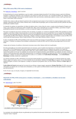 PRI y PAN contra PRI y PAN contra ciudadanos
Por: Redacción / Sinembargo - julio 31 de 2014
El cálculo hecho por los mismos legisladores es que los estados y municipios dejarán de percibir 23 mil millones de pesos a partir de la Reforma
Energética. La federación empezará a crear un fondo por si las cuentas no le salen, dice la teoría, y las “carretadas de billetes” que “llegarán” de las
petroleras cuando dispongan e todo (recursos naturales, derechos sobre suelo mexicano, contratos para explorar y extraer y todo lo que usted mas o
menos, a estas alturas, sabe) no aterrizan.
También más o menos se sabe que durante los primeros años no ingresará un peso porque no hay de donde: las empresas foráneas apenas estarán
llegando, explorando donde hincar el diente. Mientras tanto, el Estado habrá de apechugar, quizá a la manera histórica del PRI: pidiendo más dinero
prestado para completar el gasto.
La izquierda, los analistas, los especialistas, los líderes de opinión, actores, vecinos, hijos de vecinos, y muchos más han llamado al Congreso, por
meses, a que se debata esta reforma para cuidar los detalles finos. Más o menos usted sabrá que no se permitió el debate, y que incluso se negó la
posibilidad de transmitir en televisión abierta, y no sólo en el canal del Congreso, las discusiones de la ley.
Para poner un ejemplo de qué tan poco razonado se hizo esta reforma, un ejemplo vivo: mientras los diputados de PRI y PAN aprobaban las minutas
energéticas, ayer mismo se daba a conocer que allá en su casa (la de los diputados) las cosas no marchan bien. Las tres ciudades más endeudadas de
México, que están amenazadas ahora por la falta de recursos que inevitablemente serán recortados porque no ingresarán recursos a las arcas públicas,
son gobernadas por PRI y PAN: Monterrey, Hermosillo, y Zapopan. También la consultora Aregional ubicó a las entidades en manos de PRI y PAN
como las que más deuda arrastran: Jalisco, Estado de México, Nuevo León, Baja California, Sonora y Veracruz.
Es decir: los diputados de PRI y PAN aprobaban en San Lázaro una reforma que recorta en 23 mil millones, más o menos, los ingresos de estados y
municipios. Y mientras, los alcaldes de esas entidades y ayuntamientos en manos del PRI y del PAN sufren por para pagar hasta el servicio de la
deuda.
Aunque, para ser honestos, los políticos y funcionarios mexicanos nunca sufren. Quienes sufren los los gobernados.
De todo lo lamentable que esta reforma apresurada traerá a los mexicanos, quizá el capítulo más impactante es el relacionado con la corrupción.
Ayer, el PRI y el PAN argumentaron que la nueva regulación garantiza mayor transparencia en la asignación de contratos, en el reparto de
dividendos, en los precios y comisiones. Nomás ellos lo saben, más o menos: distintos analistas y consultores afirman que las leyes secundarias ni
siquiera dicen quiénes son los que van a defender a los mexicanos de los imperios petroleros; quién defenderá a un campesino, por decir, cuando se le
requiera su tierra para poner pozos; quién fijará indemnizaciones si le contaminan su propiedad o la dejan inservible. La ley no contempla eso, dicen
especialistas, y tampoco son claros los mecanismos por los cuales se va a combatir a los Carlos Romero Deschamps… si los Carlos Romero
Deschamps, de entrada, estarán ahí, se quedarán ahí.
Las reformas realizadas de 1988 a 1994 dejaron a los mexicanos durante décadas (es un ejemplo) en manos de un millonario abusón que compró
Telmex, sangró a los usuarios cautivos y se volvió el hombre más rico del planeta. Hablamos de Carlos Slim, por supuesto. Pero los reformadores,
después del reparto, se fueron a crear empresas o a trabajar en corporativos que ganarán, ahora, con estas reformas. Hablamos de Pedro Aspe, por
supuesto.
Carlos Salinas de Gortari jamás pagó por los errores de esas reformas y tampoco pagará, seguramente, Enrique Peña Nieto. En 2019, estos nuevos
reformadores nos dejarán otra vez en manos de los abusadores y se irán a ganar sus millones desde la iniciativa privada aprovechando las reformas
que ahora promueven.
En fin. El caso es que, en este país, el saqueo y la impunidad van de la mano.
Diputados de PRI y PAN cortan pesos a estados y municipios… y sus entidades y alcaldías son las más
endeudadas
Por: Shaila Rosagel - julio 31 de 2014 -
Los municipios más endeudados del país son gobernados por los partidos Revolucionario Institucional y Acción Nacional, según la consultora
Aregional. Fuente: Aregional
 