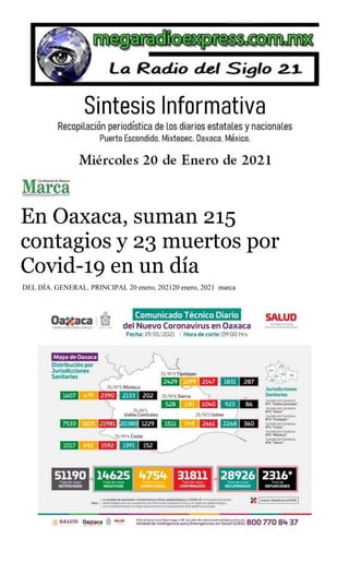 En Oaxaca, suman 215
contagios y 23 muertos por
Covid-19 en un día
DEL DÍA, GENERAL, PRINCIPAL 20 enero, 202120 enero, 2021 marca
 