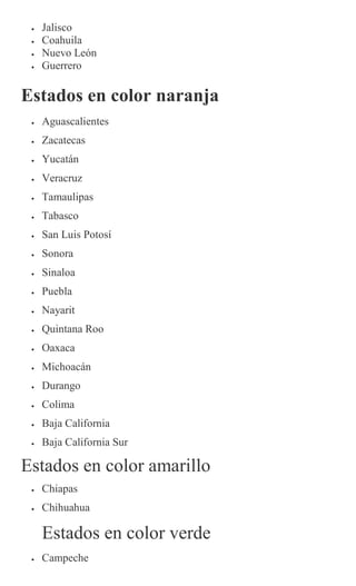  Jalisco
 Coahuila
 Nuevo León
 Guerrero
Estados en color naranja
 Aguascalientes
 Zacatecas
 Yucatán
 Veracruz
 Tamaulipas
 Tabasco
 San Luis Potosí
 Sonora
 Sinaloa
 Puebla
 Nayarit
 Quintana Roo
 Oaxaca
 Michoacán
 Durango
 Colima
 Baja California
 Baja California Sur
Estados en color amarillo
 Chiapas
 Chihuahua
Estados en color verde
 Campeche
 
