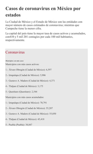 Casos de coronavirus en México por
estados
La Ciudad de México y el Estado de México son las entidades con
mayor número de casos estimados de coronavirus; mientras que
Campeche tiene la menor cifra.
La capital del país tiene la mayor tasa de casos activos y acumulados,
con410 y 5 mil 201 contagios por cada 100 mil habitantes,
respectivamente.
Coronavirus
Municipios con más casos
Municipios con más casos activos:
1.- Álvaro Obregón (Ciudad de México): 6,597
2.- Iztapalapa (Ciudad de México): 5,906
3.- Gustavo A. Madero (Ciudad de México): 4,371
4.- Tlalpan (Ciudad de México): 3,175
5.- Querétaro (Querétaro): 2,544
Municipios con más casos acumulados:
1.- Iztapalapa (Ciudad de México): 70,791
2.- Álvaro Obregón (Ciudad de México): 55,207
3.- Gustavo A. Madero (Ciudad de México): 55,050
4.- Tlalpan (Ciudad de México): 45,418
5.- Puebla (Puebla): 38,847
 