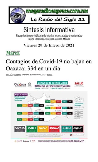 Contagios de Covid-19 no bajan en
Oaxaca; 334 en un día
DEL DÍA, GENERAL 29 enero, 202129 enero, 2021 marca
 