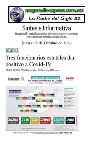 Tres funcionarios estatales dan
positivo a Covid-19
DEL DÍA, GENERAL, PRINCIPAL 8 octubre, 20208 octubre, 2020 marca
 
