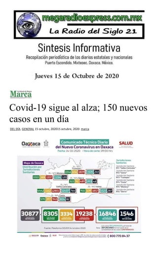 Covid-19 sigue al alza; 150 nuevos
casos en un día
DEL DÍA, GENERAL 15 octubre, 202015 octubre, 2020 marca
 