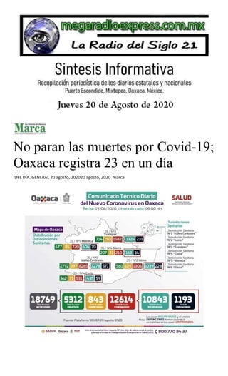 No paran las muertes por Covid-19;
Oaxaca registra 23 en un día
DEL DÍA, GENERAL 20 agosto, 202020 agosto, 2020 marca
 
