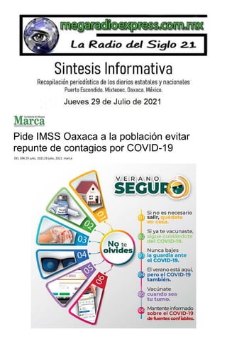Pide IMSS Oaxaca a la población evitar
repunte de contagios por COVID-19
DEL DÍA 29 julio, 202129 julio, 2021 marca
 