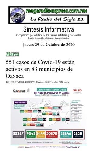 551 casos de Covid-19 están
activos en 83 municipios de
Oaxaca
DEL DÍA, GENERAL, PRINCIPAL 29 octubre, 202029 octubre, 2020 marca
 