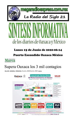 Lunes 15 de Junio de 2020-06-14
Puerto Escondido Oaxaca México
Supera Oaxaca los 3 mil contagios
DEL DÍA, GENERAL, PRINCIPAL 15 junio, 202014 junio, 2020 marca
 