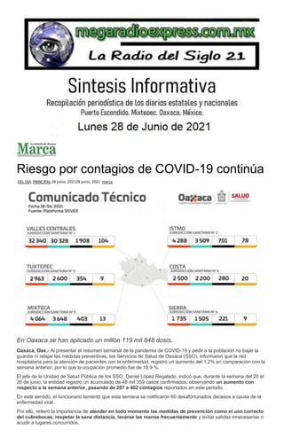 Riesgo por contagios de COVID-19 continúa
DEL DÍA, PRINCIPAL 28 junio, 202128 junio, 2021 marca
En Oaxaca se han aplicado un millón 119 mil 848 dosis.
Oaxaca, Oax.- Al presentar el resumen semanal de la pandemia de COVID-19 y pedir a la población no bajar la
guardia ni relajar las medidas preventivas, los Servicios de Salud de Oaxaca (SSO), informaron que la red
hospitalaria para la atención de pacientes con la enfermedad, registró un aumento del 1.2% en comparación con la
semana anterior, por lo que la ocupación promedio fue de 18.9 %.
El jefe de la Unidad de Salud Pública de los SSO, Daniel López Regalado, indicó que, durante la semana del 20 al
26 de junio, la entidad registró un acumulado de 48 mil 359 casos confirmados, observando un aumento con
respecto a la semana anterior, pasando de 287 a 402 contagios reportados en este periodo.
En este sentido, el funcionario lamentó que esta semana se notificaron 60 desafortunados decesos a causa de la
enfermedad viral.
Por ello, reiteró la importancia de atender en todo momento las medidas de prevención como el uso correcto
del cubrebocas, respetar la sana distancia, lavarse las manos frecuentemente y evitar salidas innecesarias o
acudir a lugares concurridos.
 